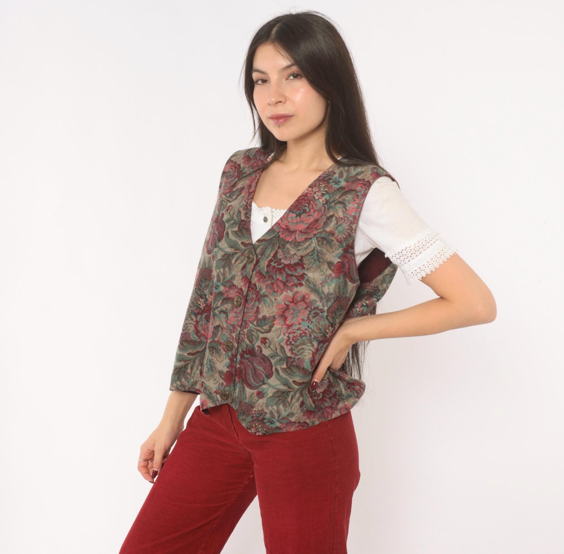 90s Floral Tapestry Vest Burgundy Teal Rose Jacquard Button Front Large L