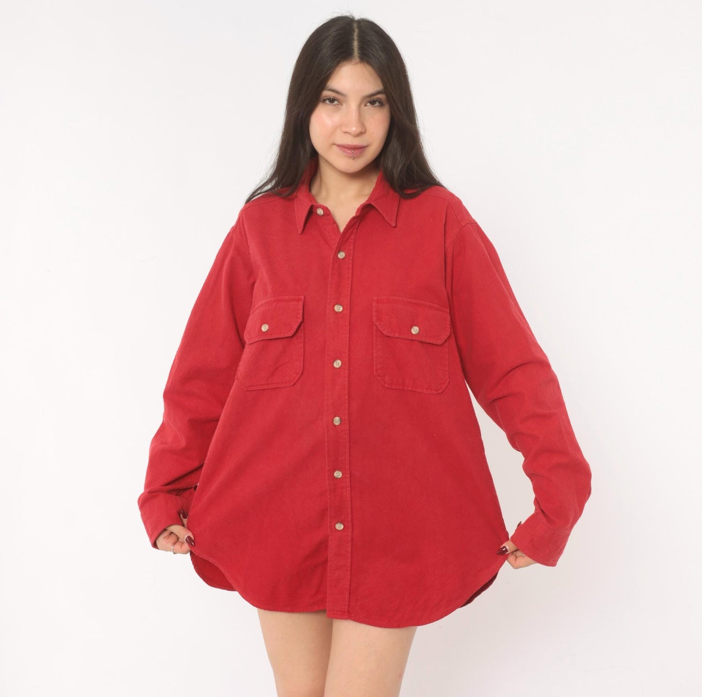 Woolrich 90s Red Cotton Flannel Button-Up Shirt Dual Chest Pocket Large L