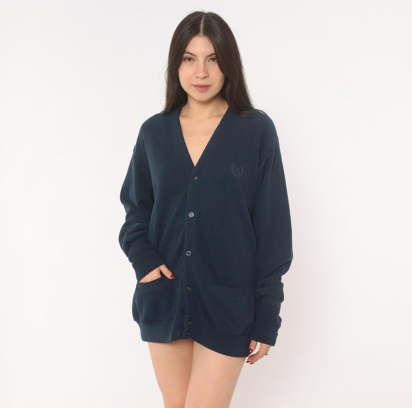 Geoffrey Beene Navy Cardigan V-Neck Button Front Knit Sweater Medium M