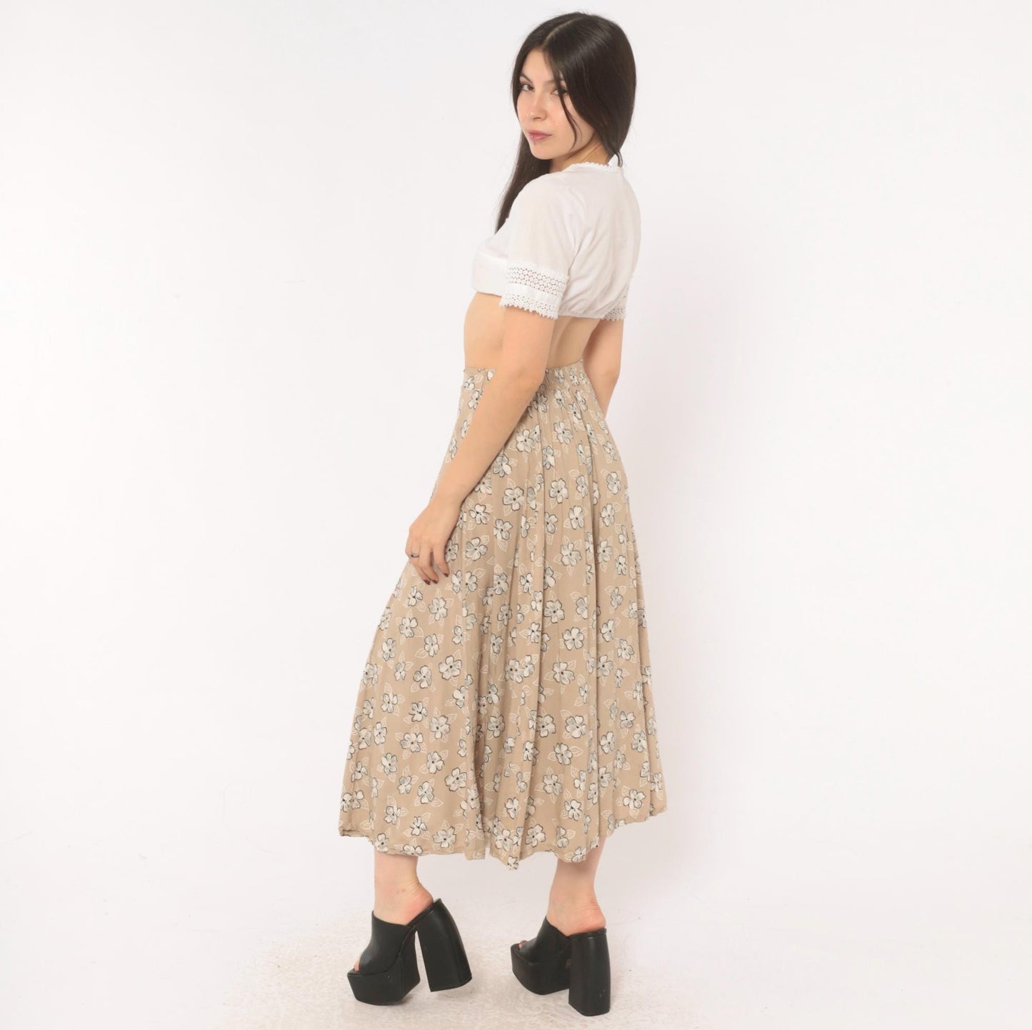 90s Tan Floral Maxi Skirt A-Line Button Front Elastic Waist Medium