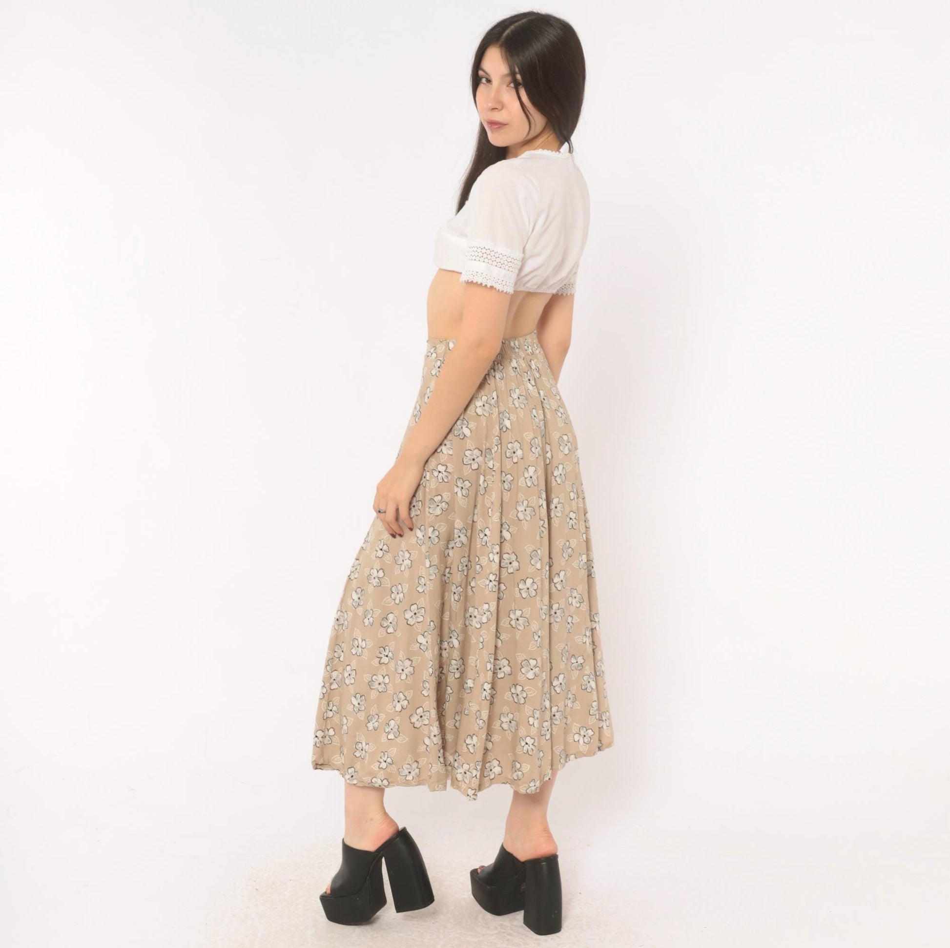 90s Tan Floral Maxi Skirt A-Line Button Front Elastic Waist Medium