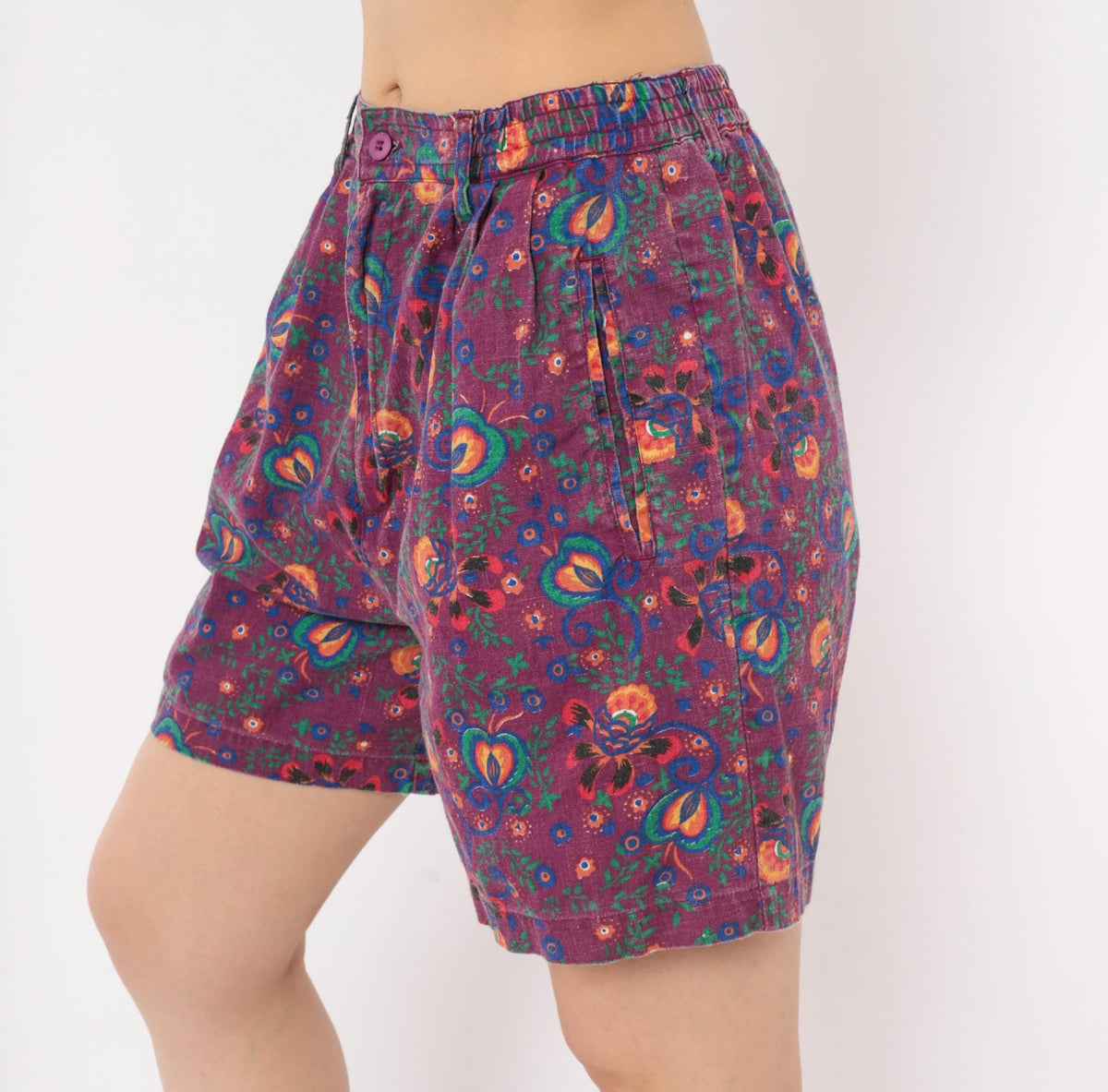 90s Gitano Purple Floral Linen Shorts High Waist Pleated Wide Leg Small