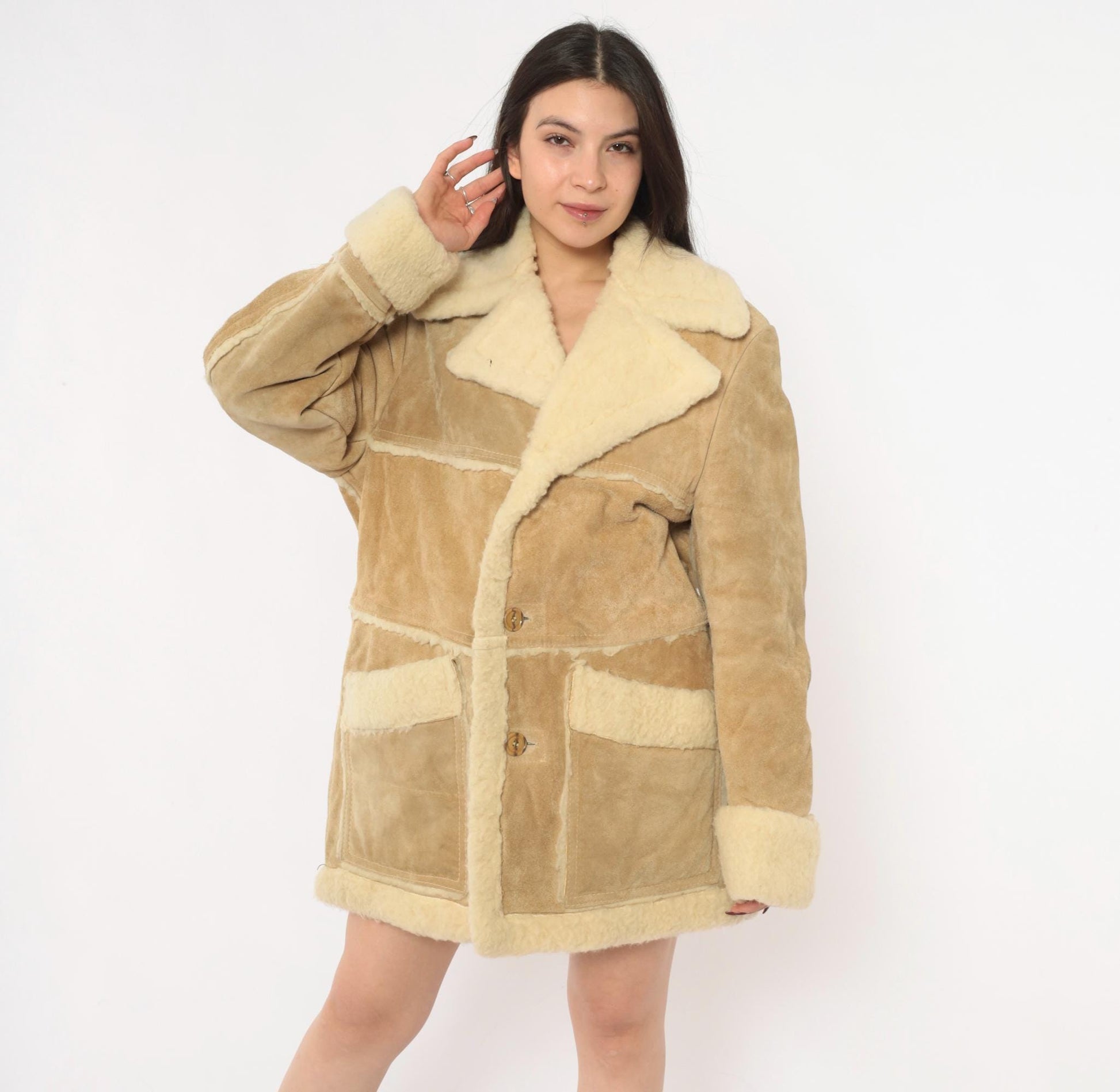 70s Tan Suede Shearling Jacket Wool Lined Cream Sherpa Collar Extra Large XL
