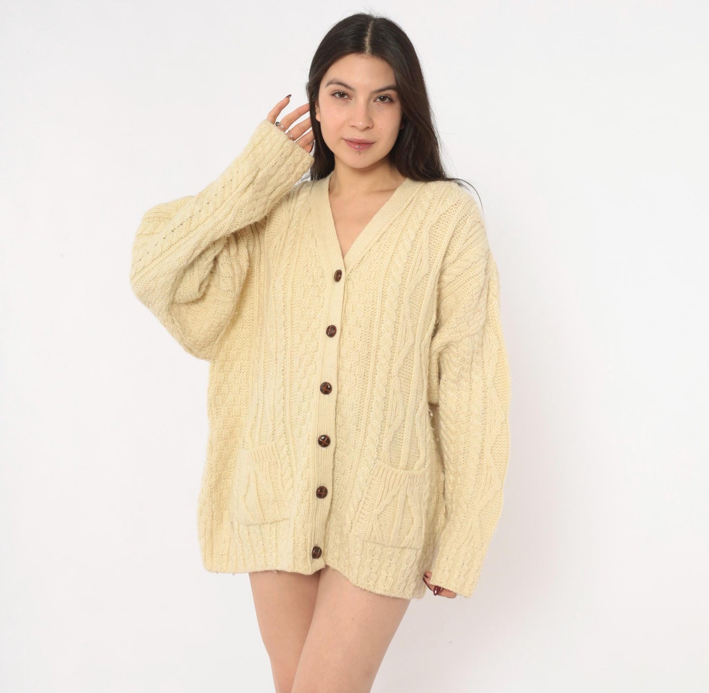 80s Celtic Country Cable Knit Cardigan Cream Wool Button Front Large L