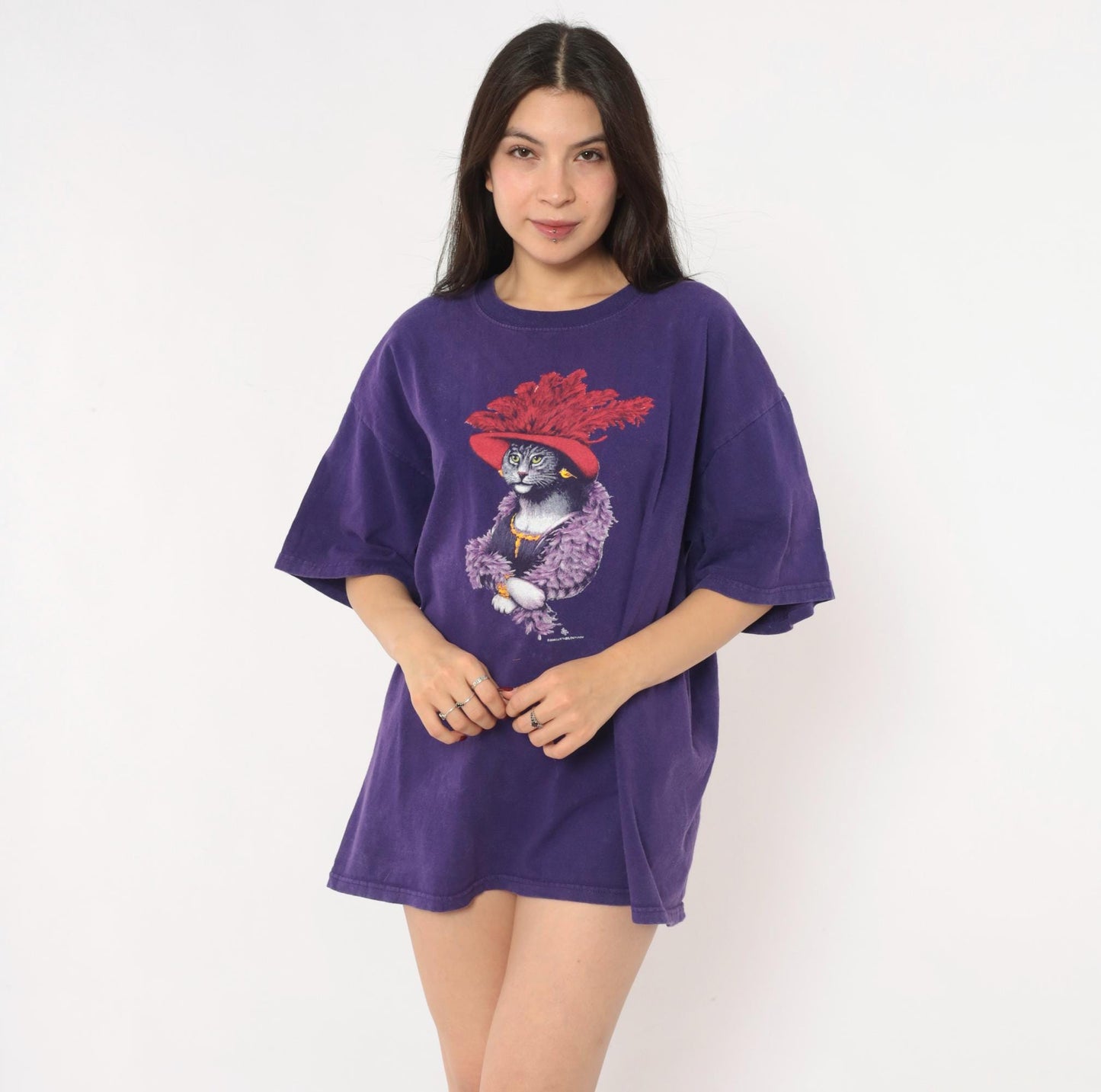 Y2K Gildan Cat Graphic Tee Purple Feather Boa Red Hat Extra Large XL