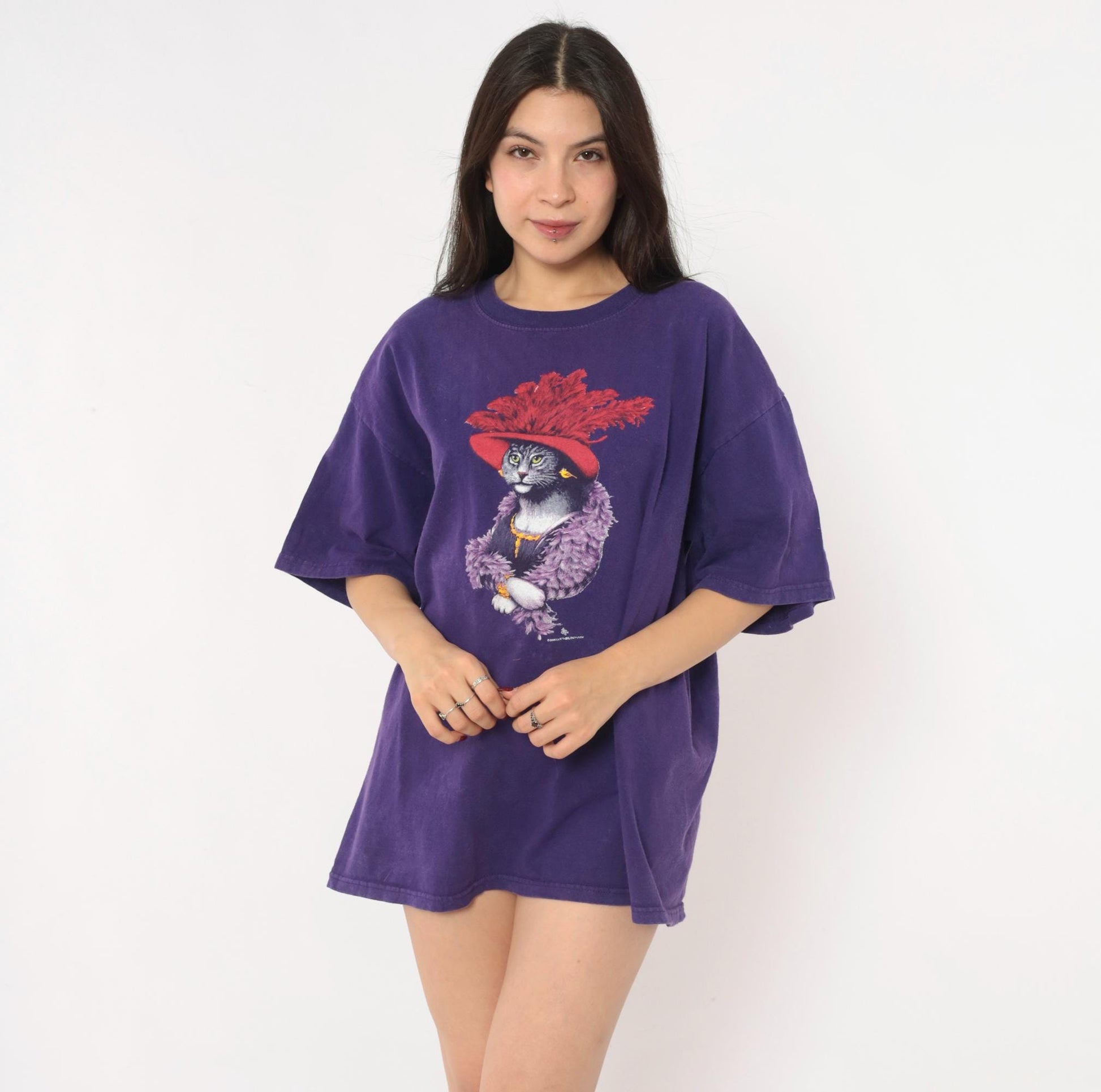 Y2K Gildan Cat Graphic Tee Purple Feather Boa Red Hat Extra Large XL