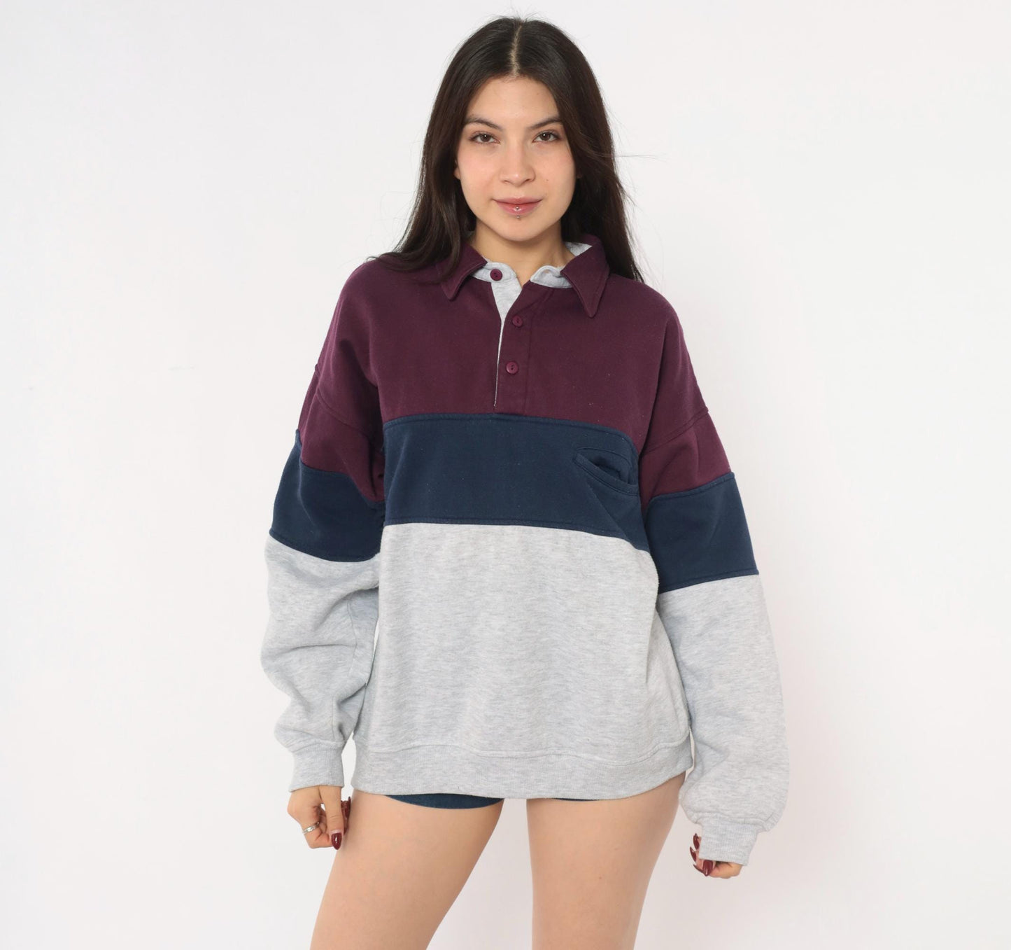90s Greenline International Color Block Rugby Polo Burgundy Navy Medium