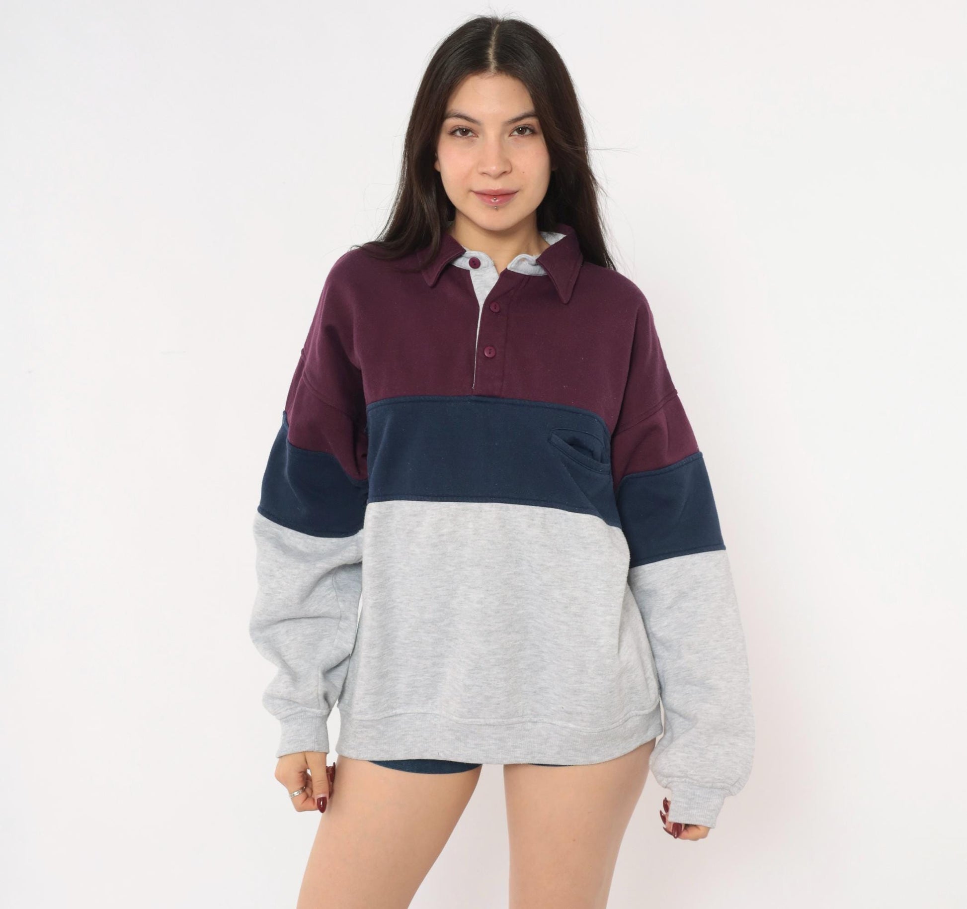 90s Greenline International Color Block Rugby Polo Burgundy Navy Medium
