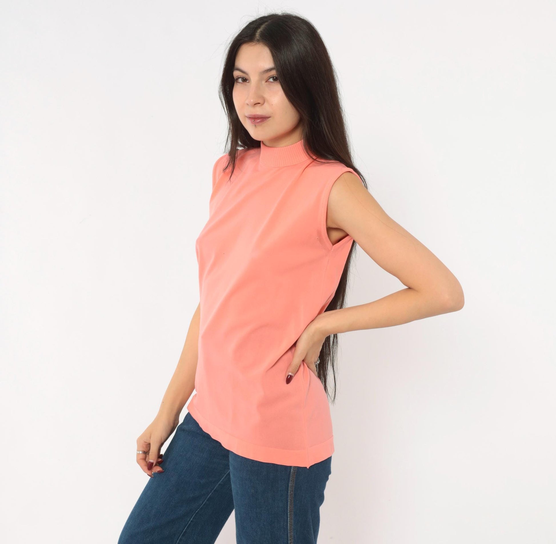 70s Booth Bay Coral Tank Top Mock Neck Sleeveless Blouse Large L