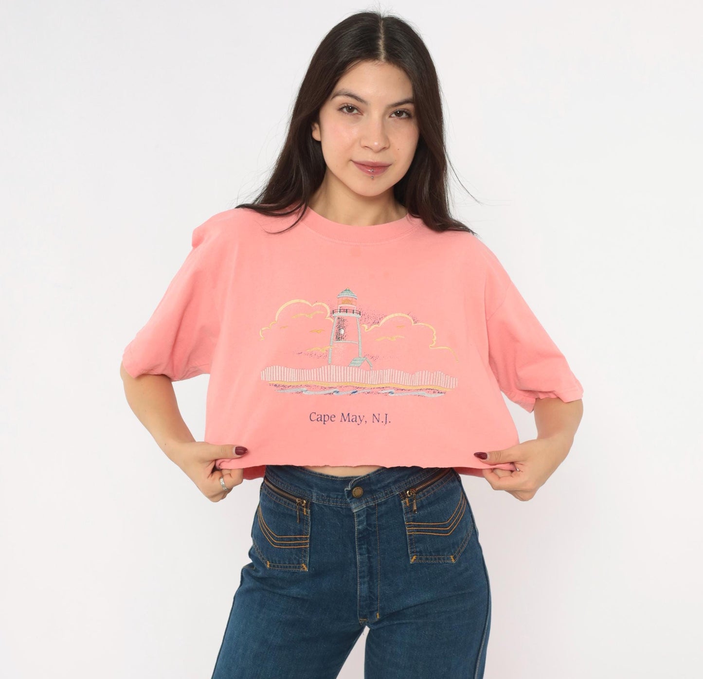 90s Anvil Lighthouse Cape May Crop Top Embroidered Cotton Pink Large L