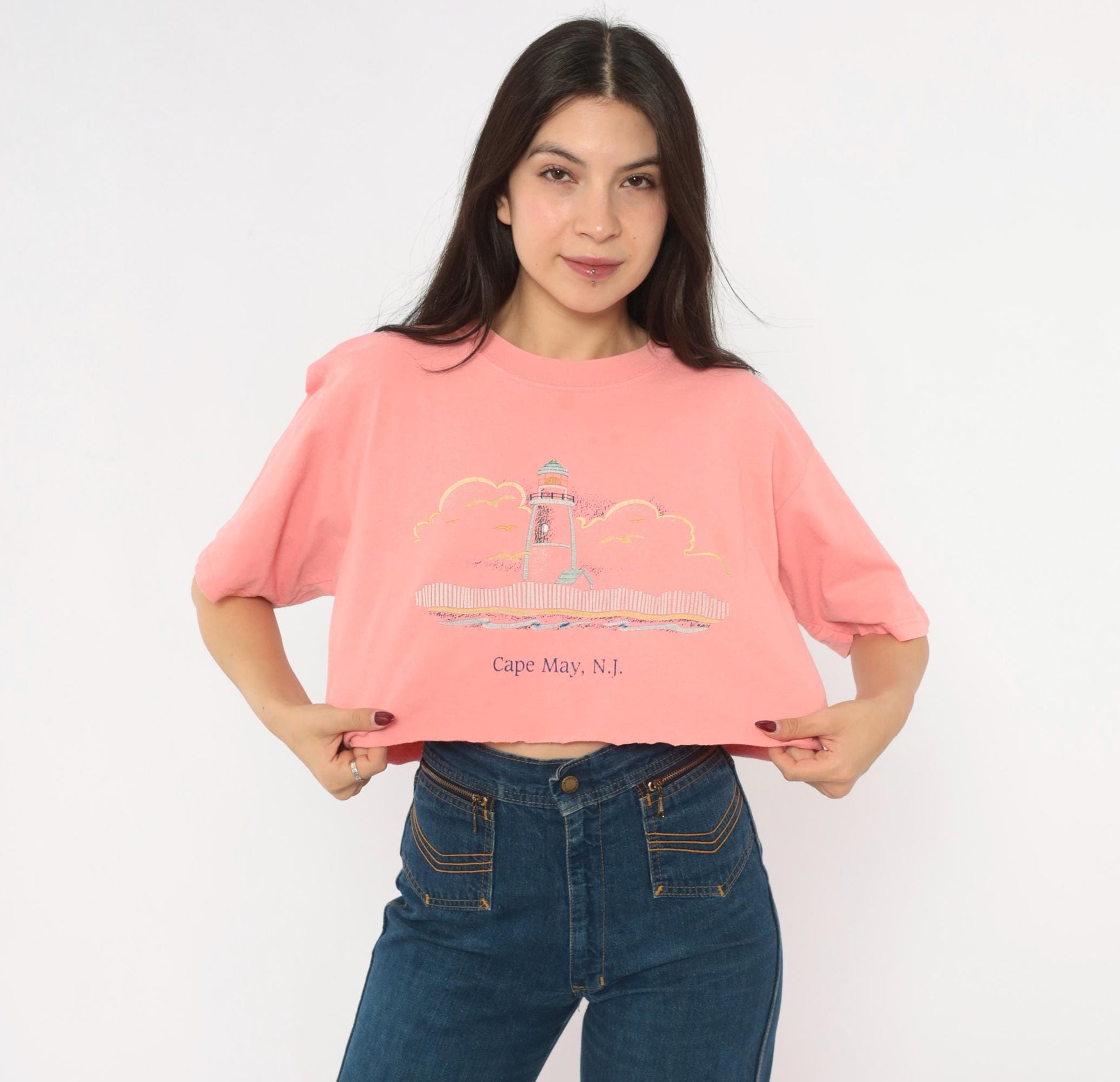 90s Anvil Lighthouse Cape May Crop Top Embroidered Cotton Pink Large L