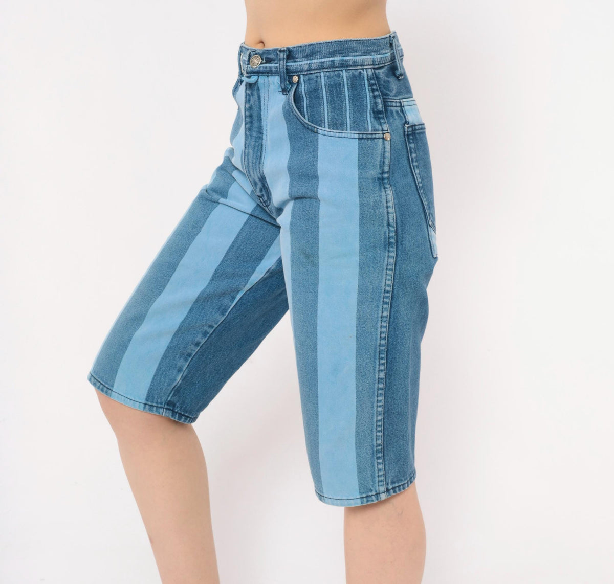 90s Exhaust Jeans Striped Denim Shorts Blue White Vertical Stripe High Waist Knee Length Small S