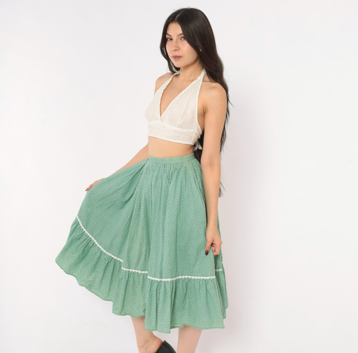 80s Green Ditsy Floral Skirt Cotton Knee-Length Full Circle Gathered Pockets XS