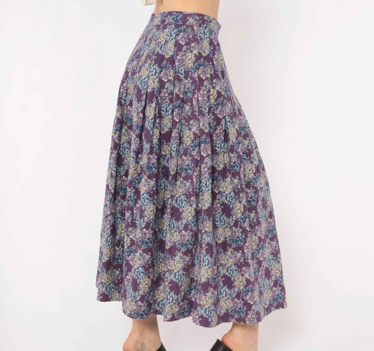 80s Laura Ashley Purple Floral Pleated Skirt High Waist Cotton Wool Small