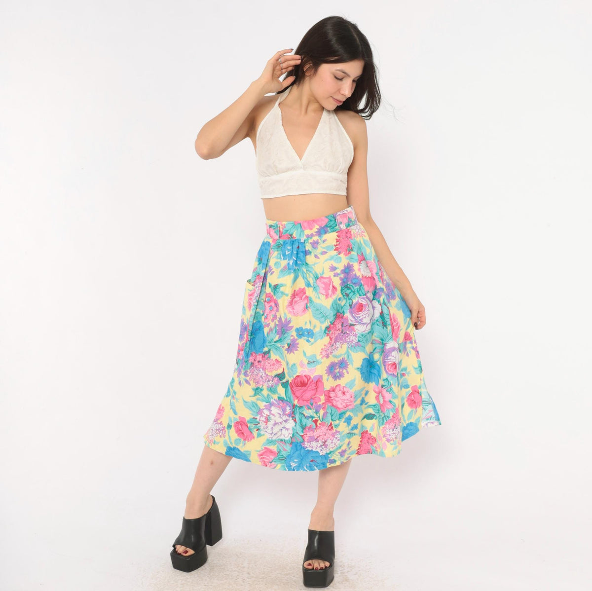 80s Lanzetta Sport Floral Midi Skirt Pink Rose Yellow Cotton High Waist Medium