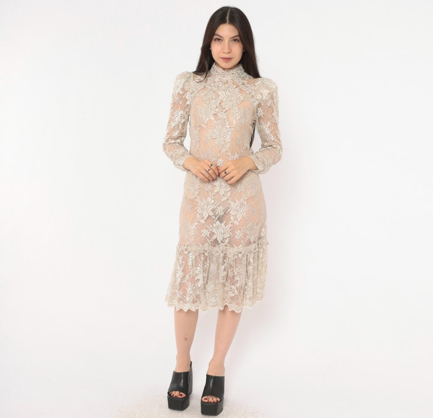 90s Cream Floral Lace Dress Pearl Button Back Puff Sleeve Small
