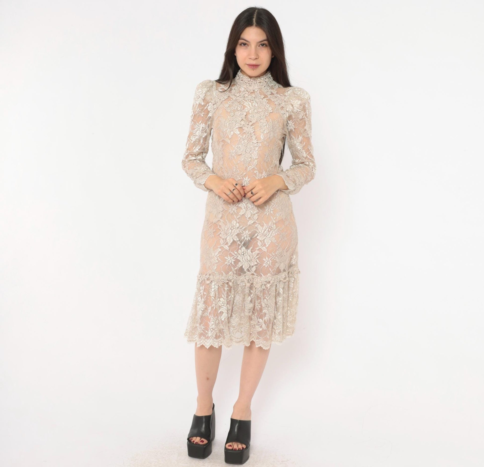 90s Cream Floral Lace Dress Pearl Button Back Puff Sleeve Small