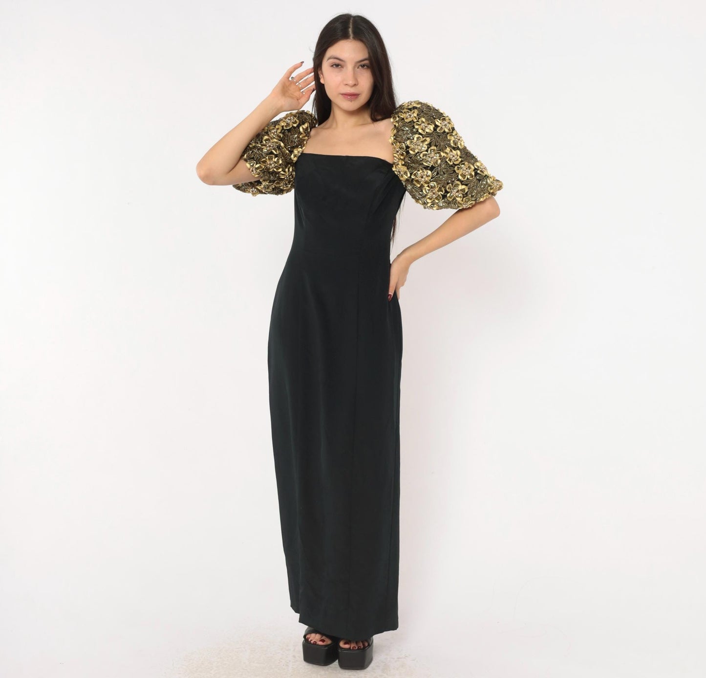 80s Eve of Milady Black Maxi Gown Gold Puff Sleeve Beaded Floral Medium