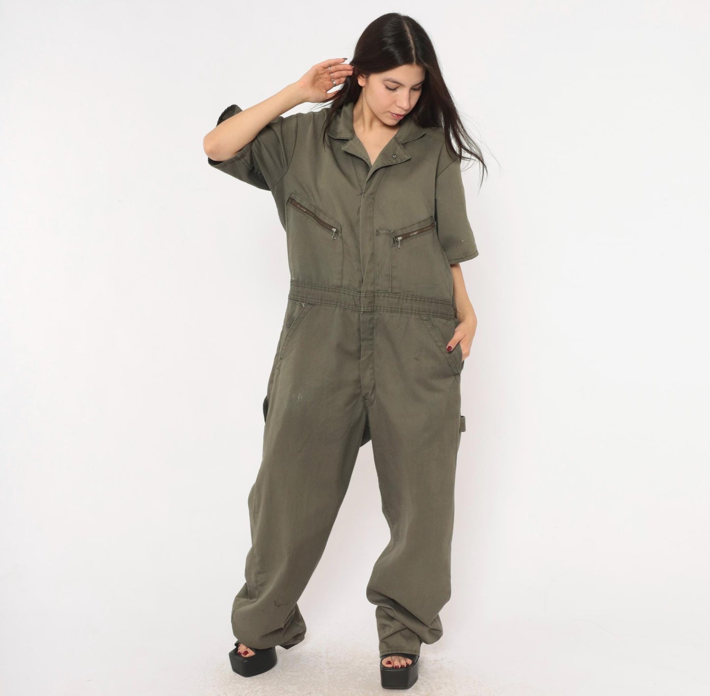 90s Dickies Olive Coveralls Zip Front Short Sleeve Jumpsuit Workwear Extra Large