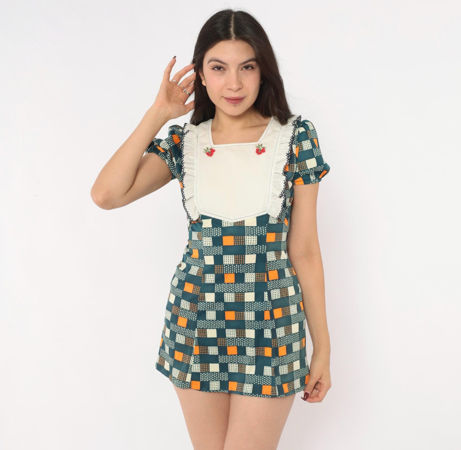 70s Navy Mini Dress Cherry Embroidered Geometric Puff Sleeve Bib Front Extra Small