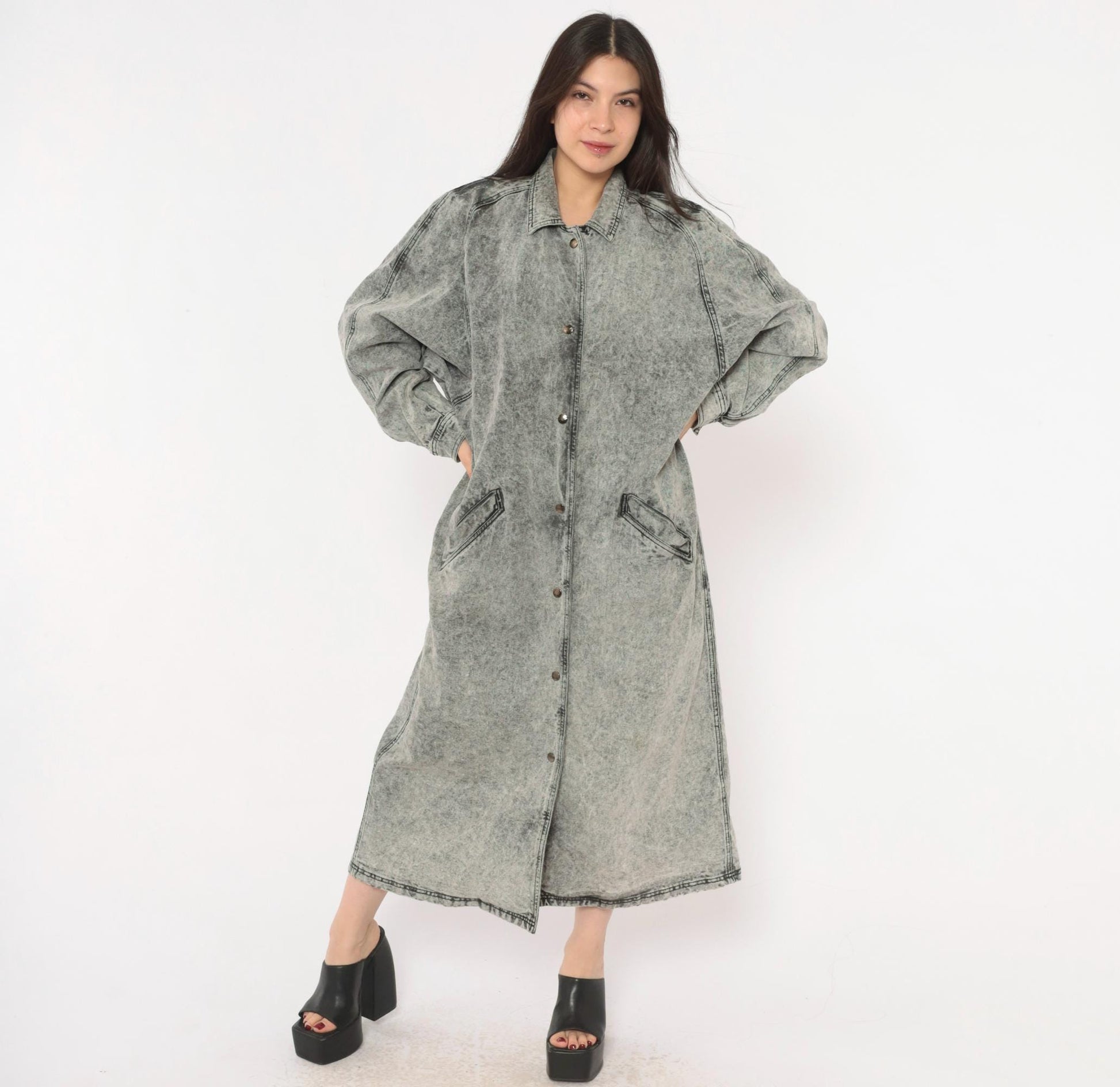 90s Acid Wash Denim Duster Grey Snap Front Maxi Jacket Cotton Medium M