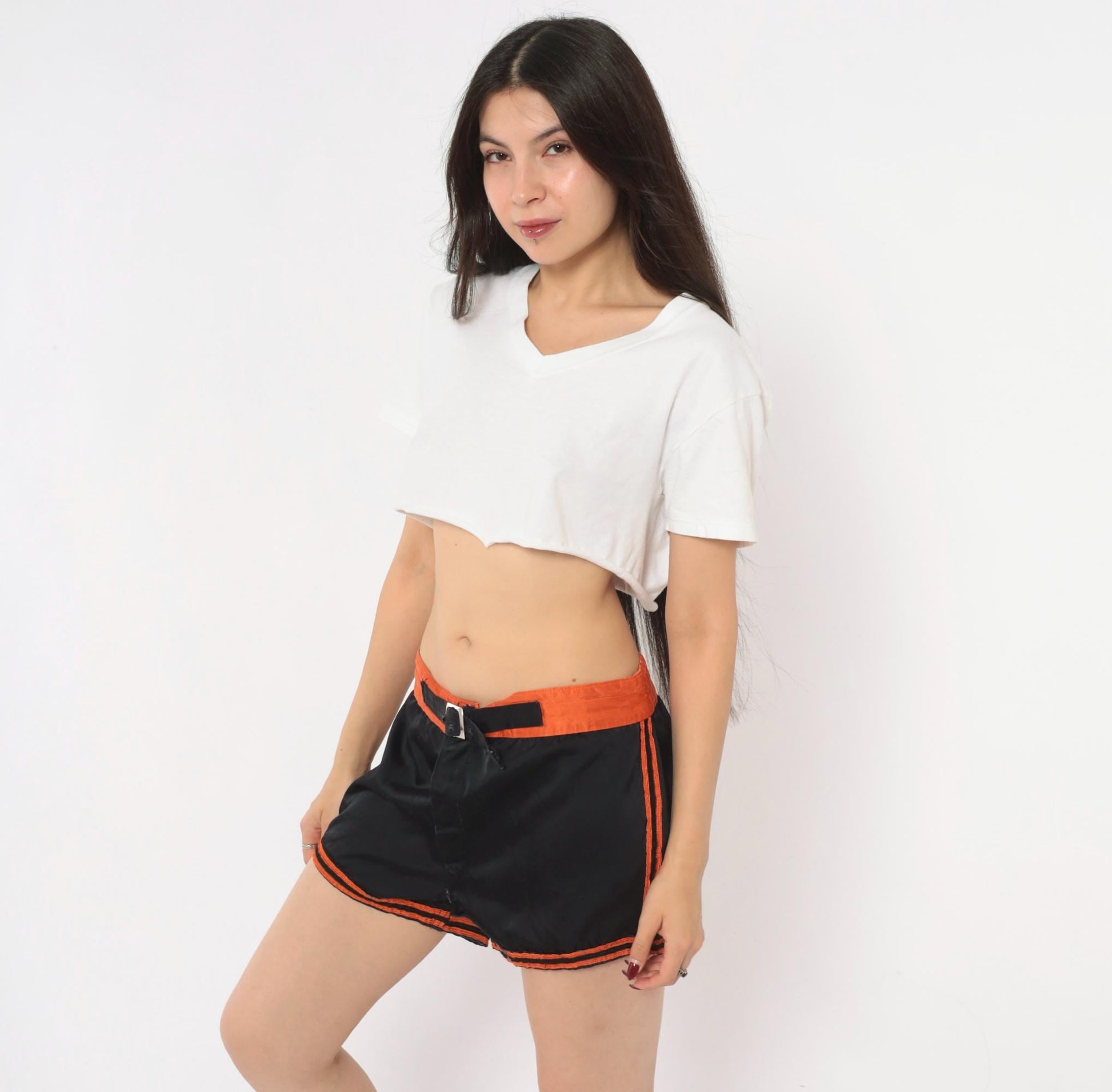 70s Mason Black Athletic Shorts Orange Stripe High-Waist Dolphin Medium M