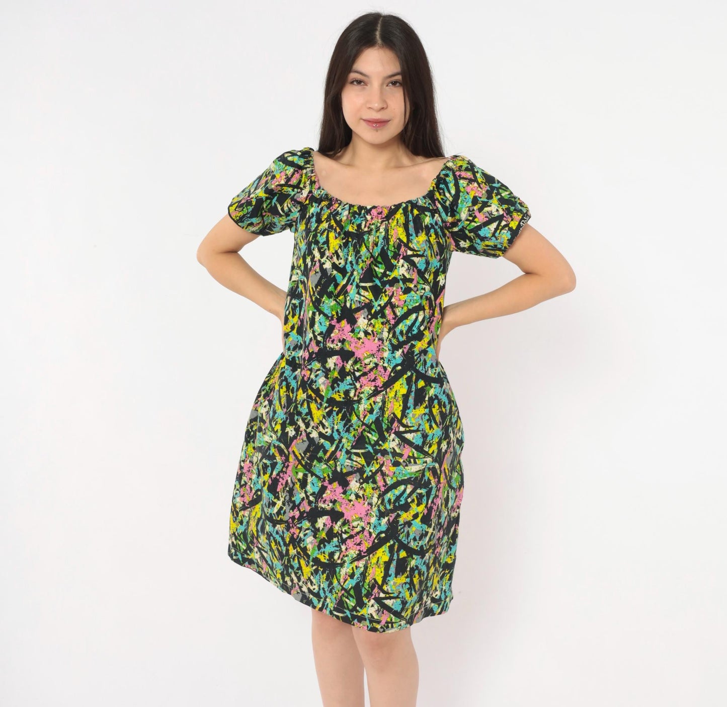 70s Splatter Paint Shift Dress Abstract Print Cotton A-Line Medium