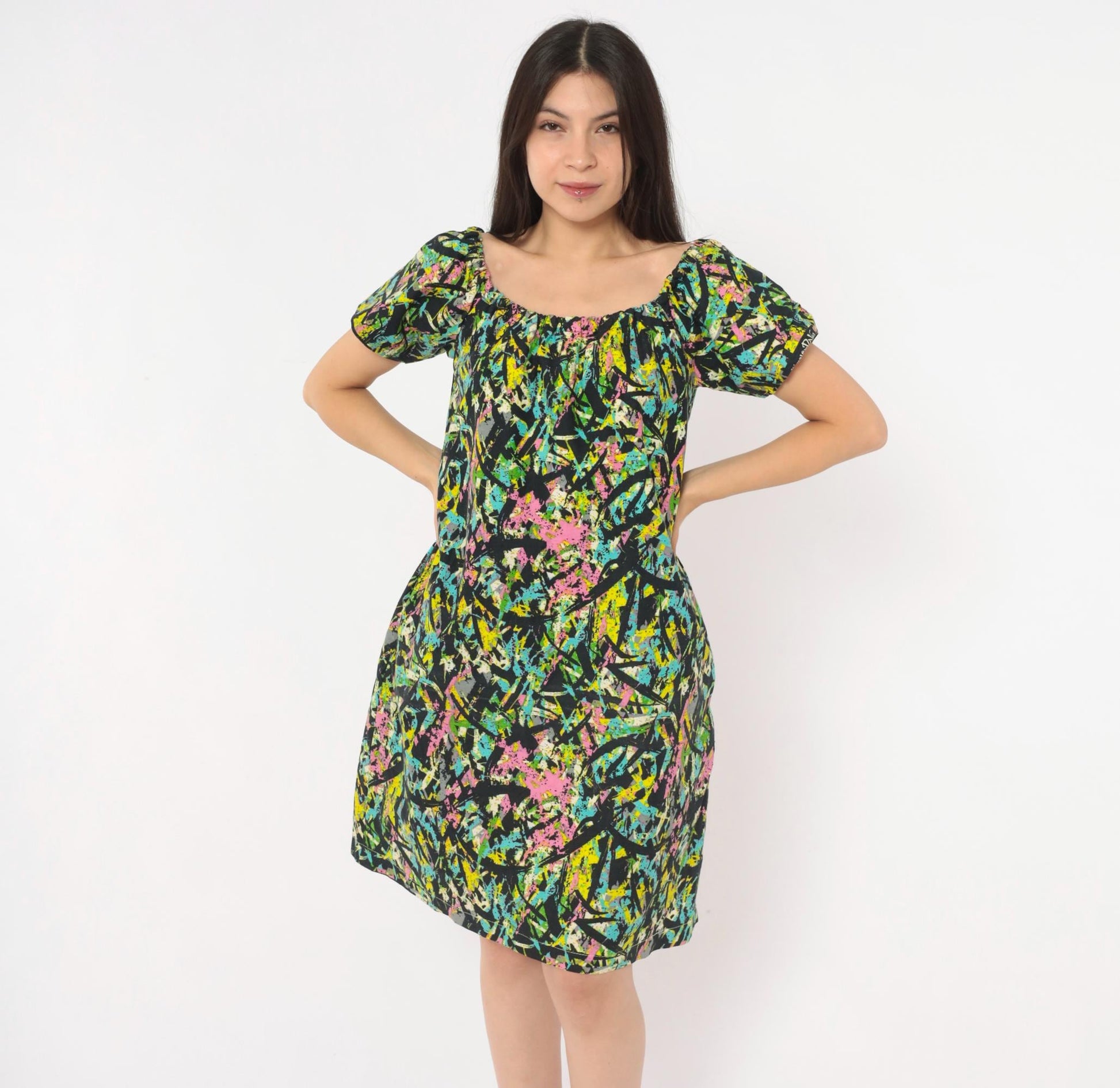 70s Splatter Paint Shift Dress Abstract Print Cotton A-Line Medium
