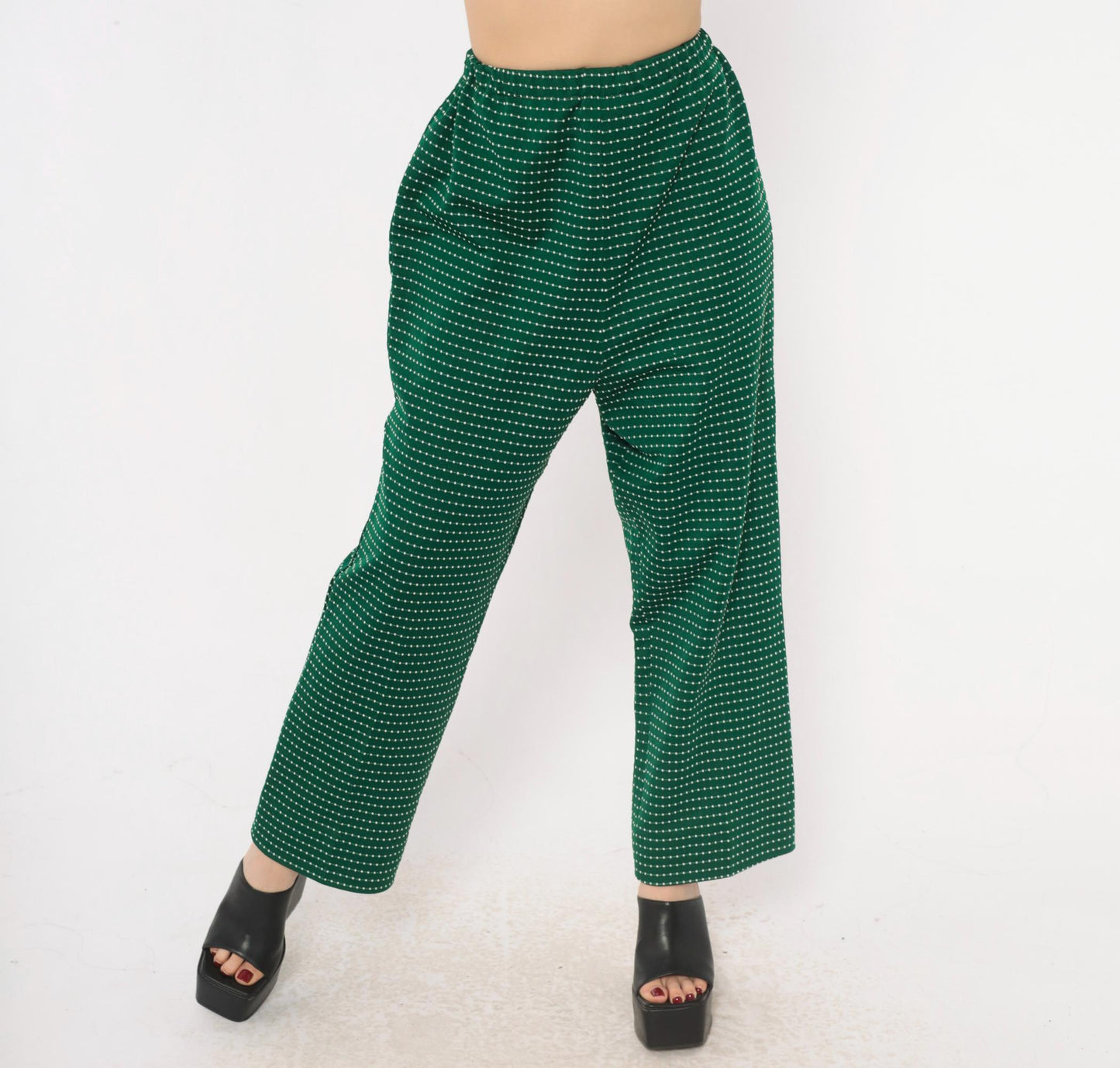 70s Green White Dotted Stripe Pull-On Trousers High Rise Wide Leg Small Medium
