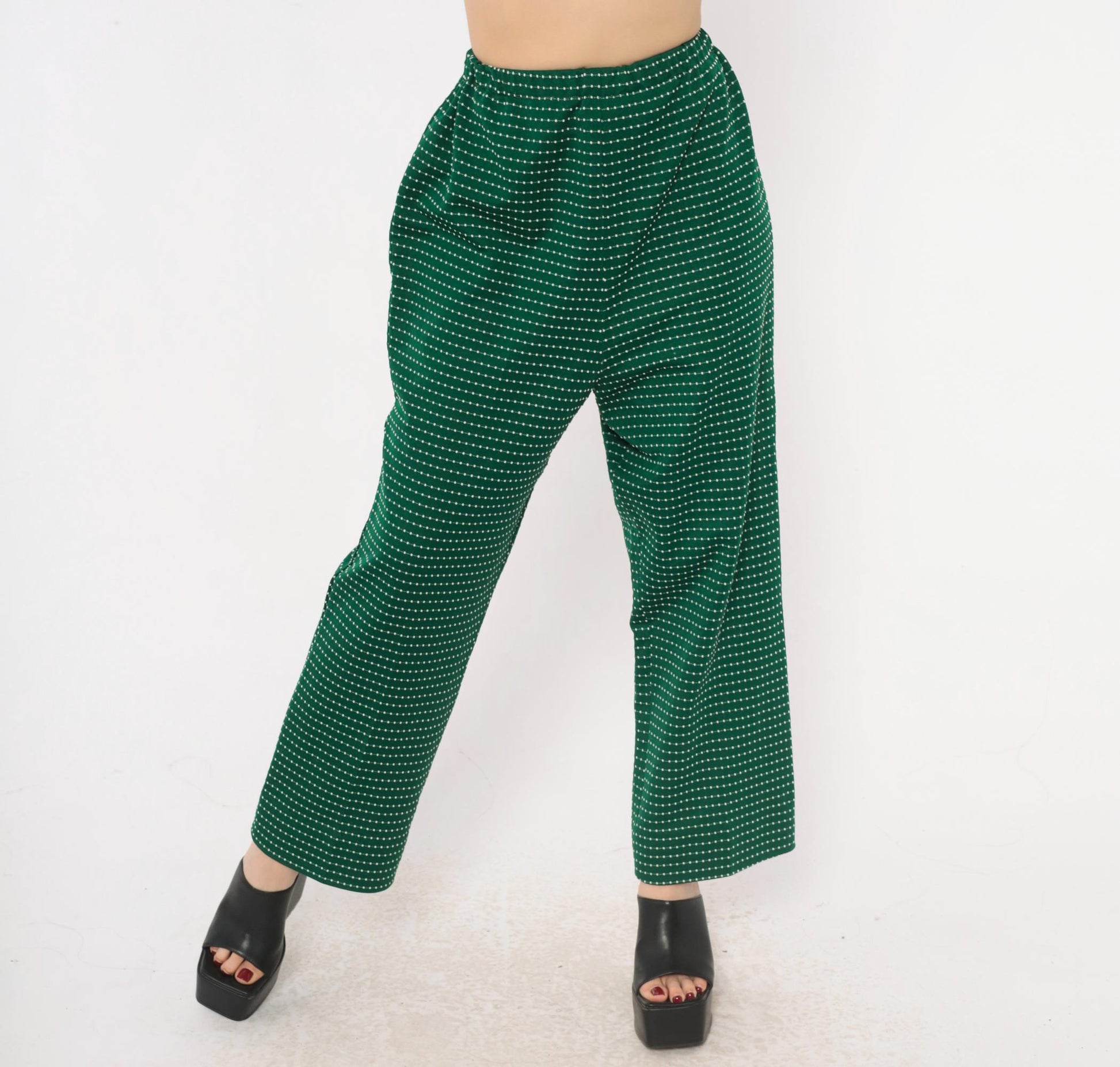 70s Green White Dotted Stripe Pull-On Trousers High Rise Wide Leg Small Medium