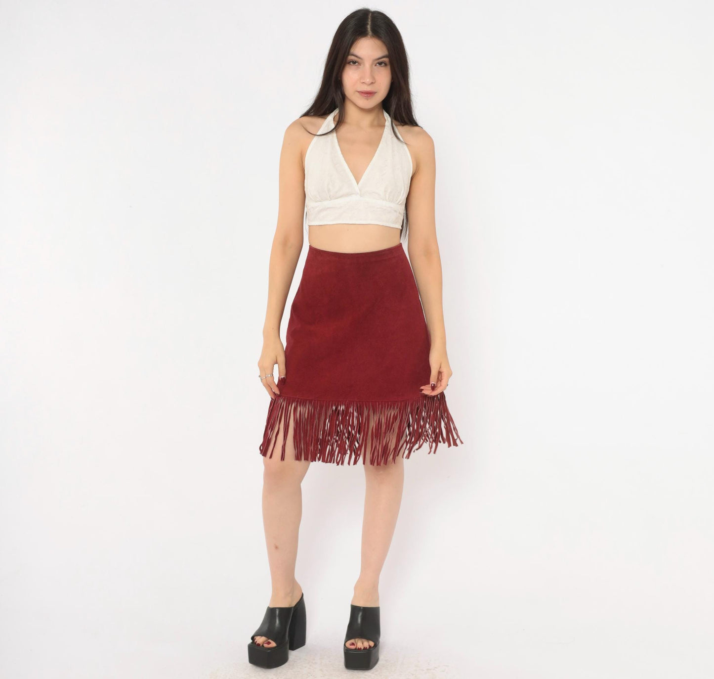 80s Passport Burgundy Suede Fringe A-Line Skirt High Waist Knee Length Large