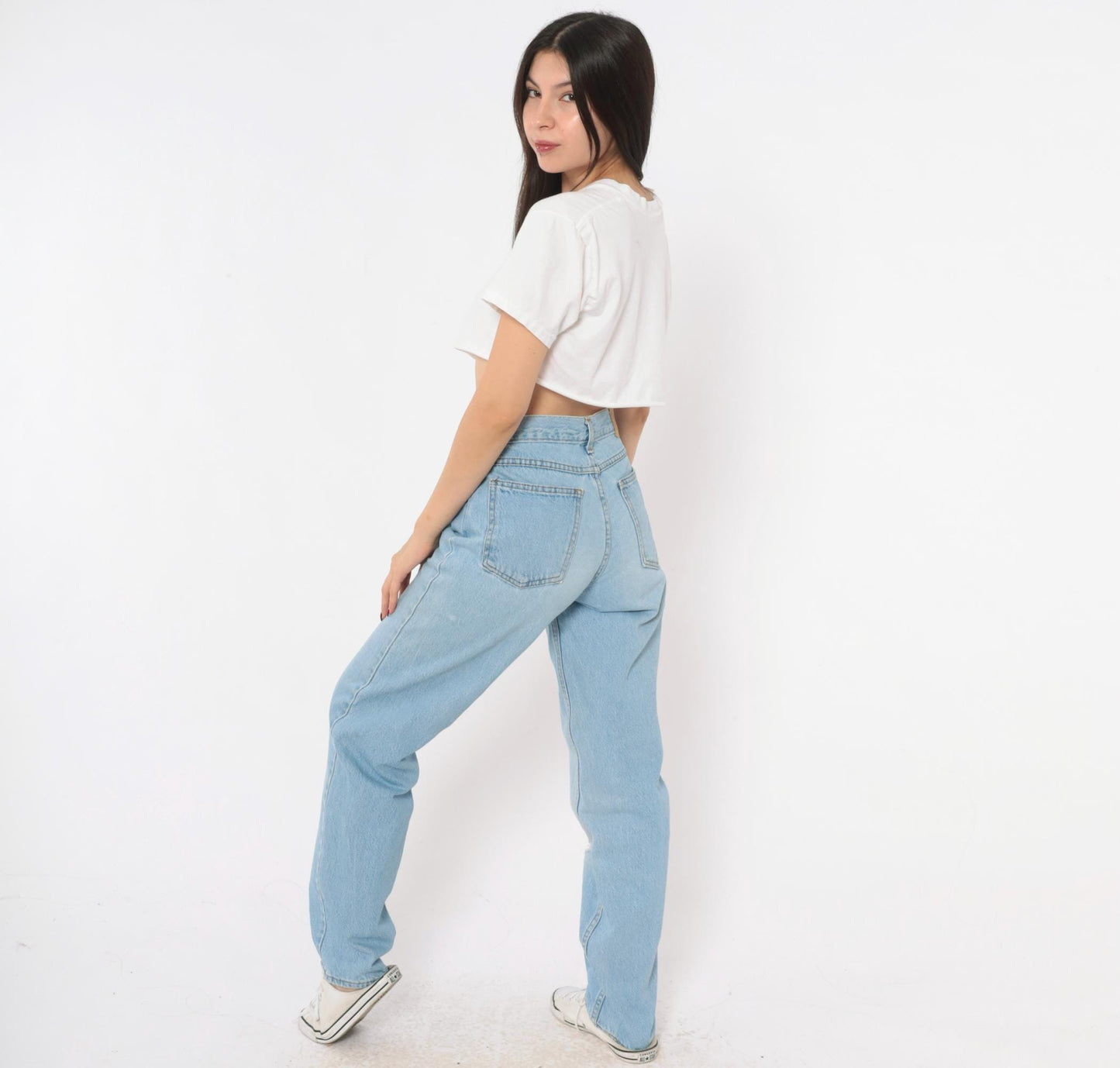 90s Classic Style High Waist Straight Leg Jeans Light Wash Distressed Knee Small