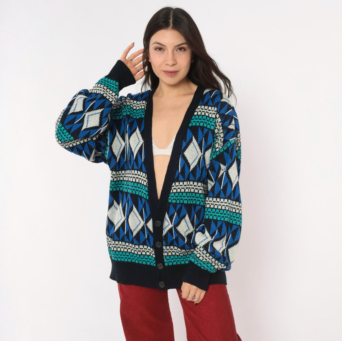 90s Sun Set High Way Geometric Knit Cardigan Navy Teal Diamond Fair Isle Large L