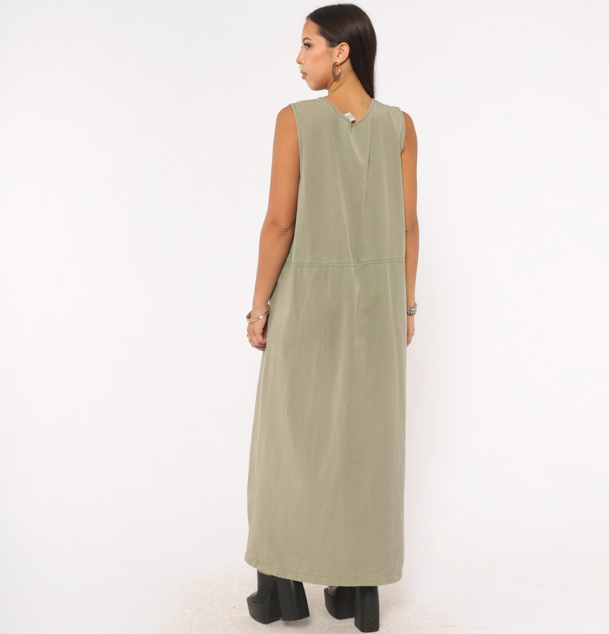 90s L.L.Bean Sleeveless Maxi Dress Sage Olive Cotton A-Line Pockets Extra Large XL