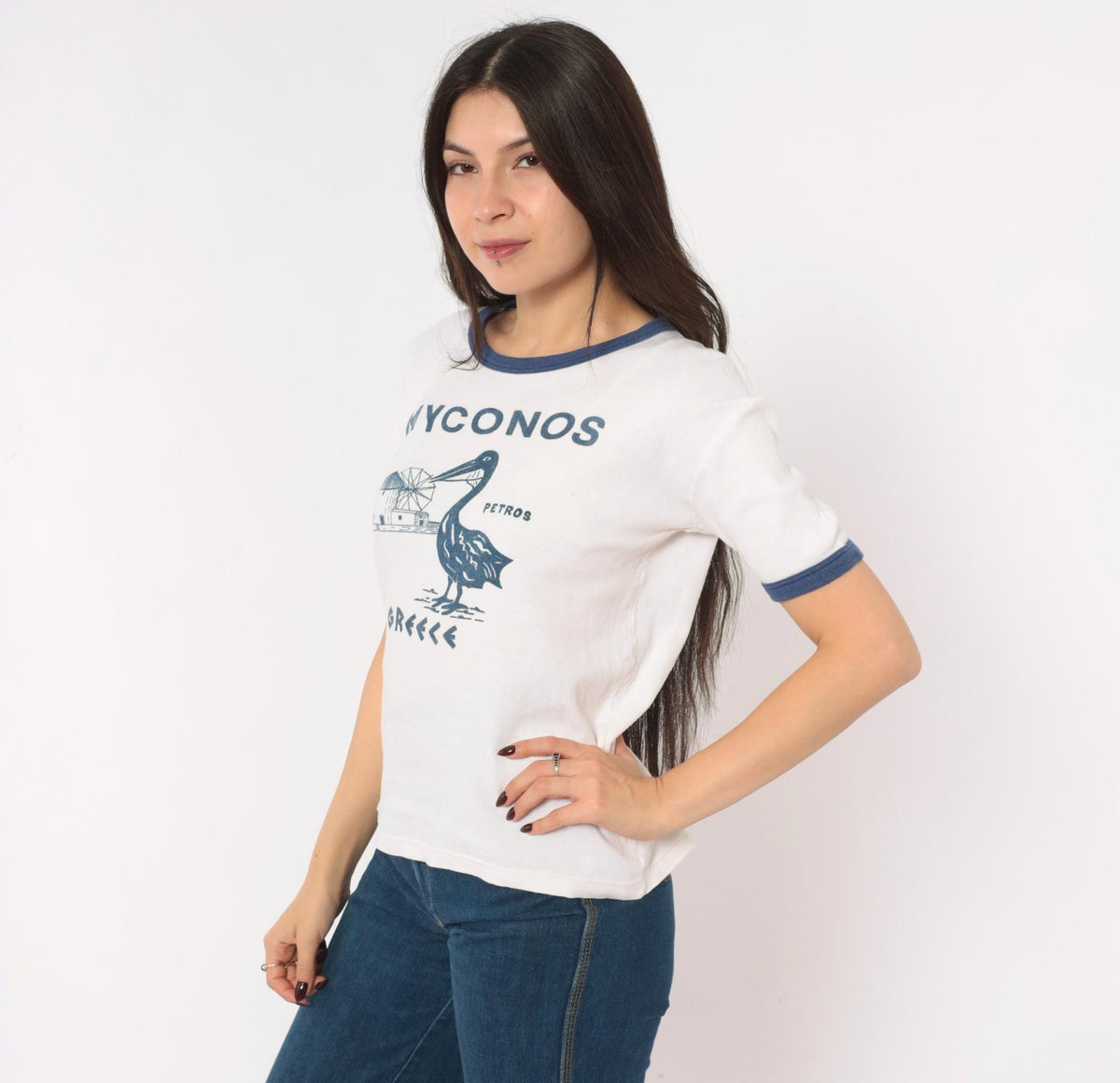 80s Mykonos Greece Ringer Tee White Navy Pelican Windmill Cotton Medium