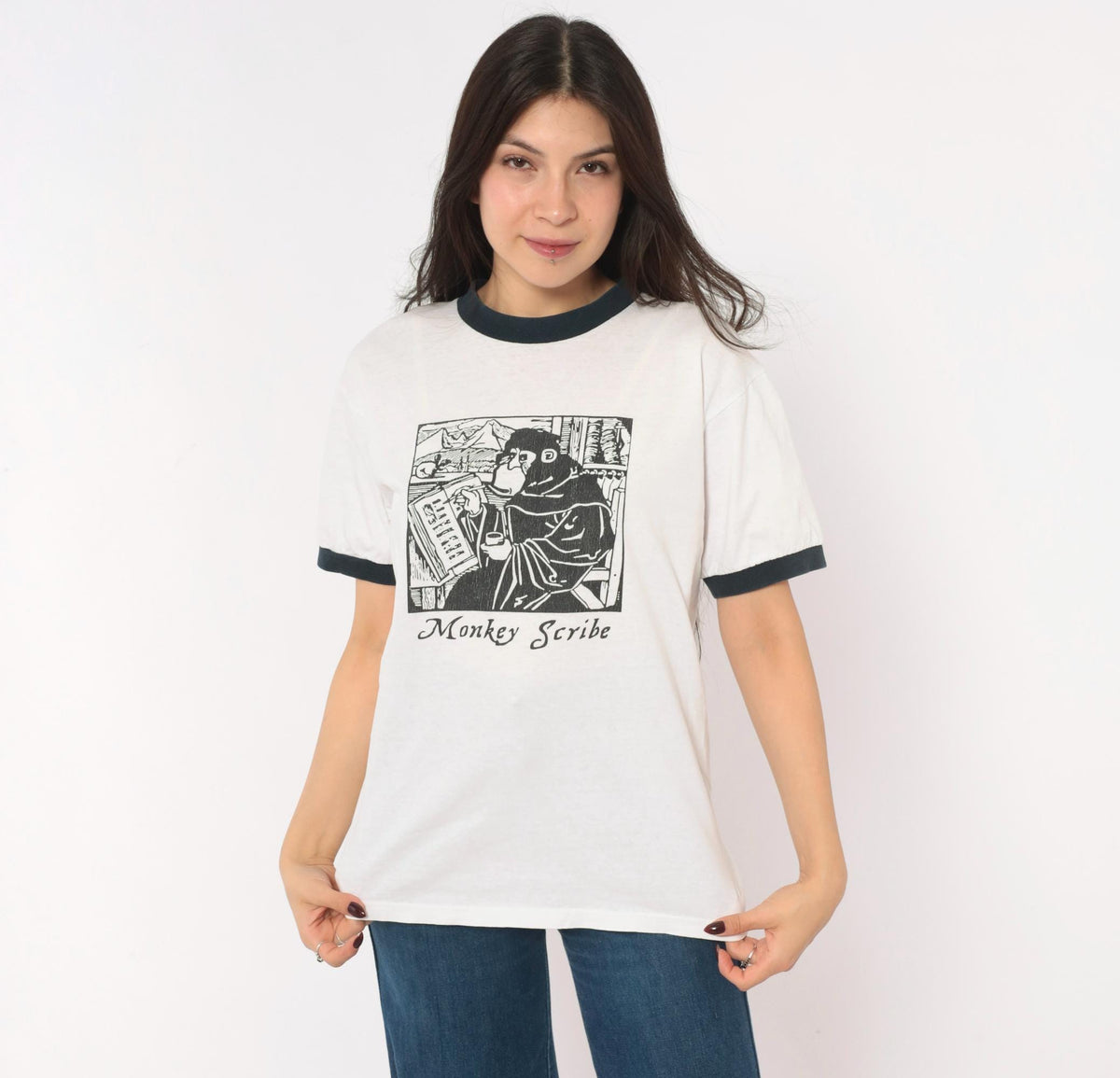 90s Anvil Monkey Scribe Ringer Tee Woodcut Print White Black Small