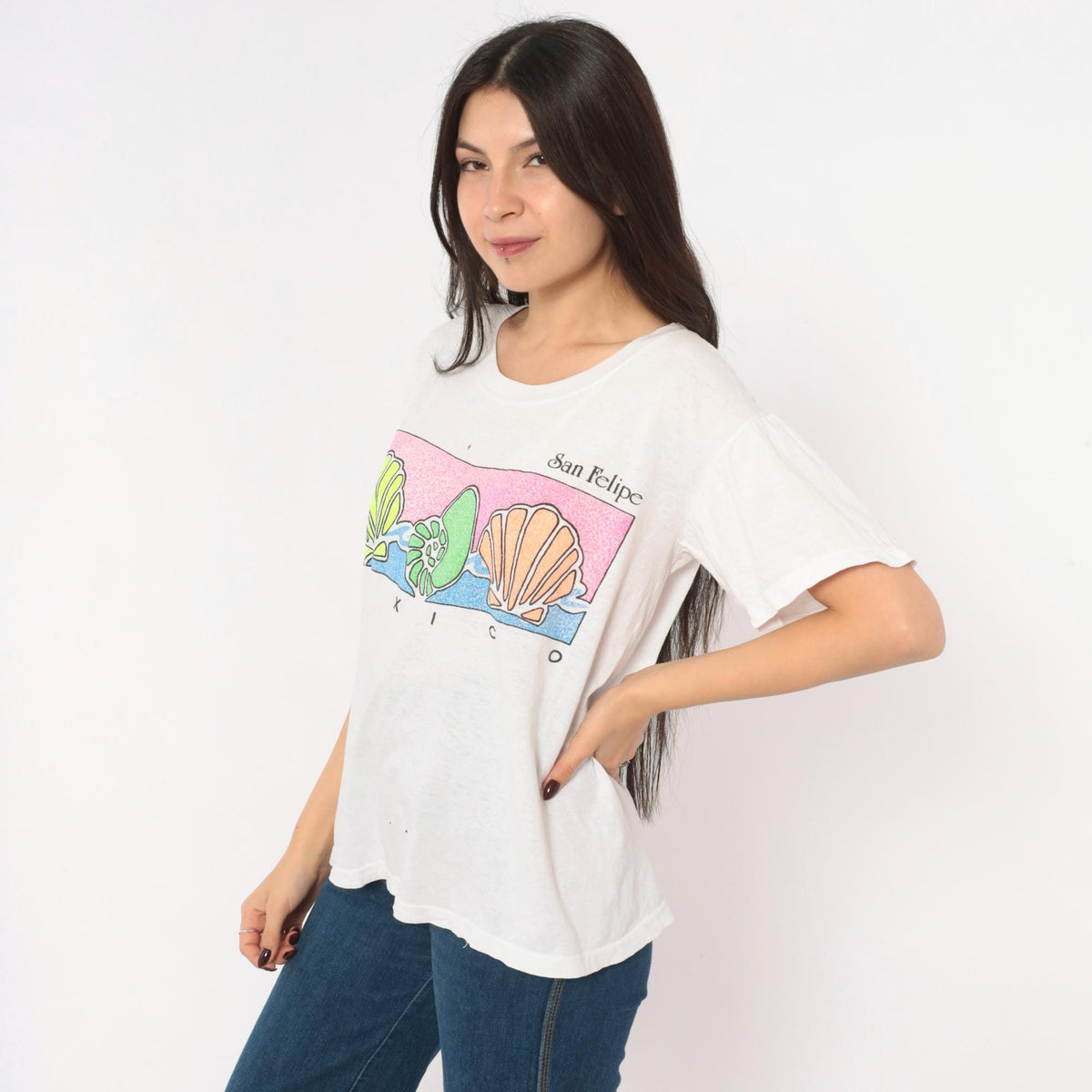 90s San Felipe Mexico Souvenir Tee White Cotton Neon Shell Graphic Medium