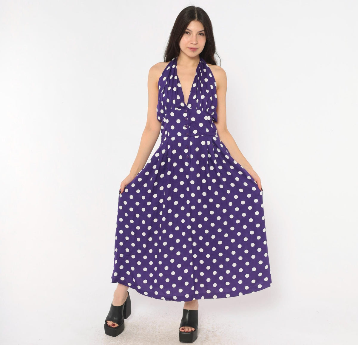 Y2K Purple White Polka Dot Halter Midi Dress Backless Rayon Large
