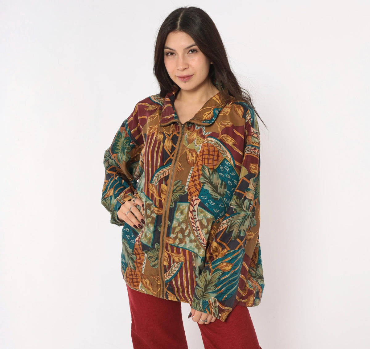 90s EVR Silk Bomber Jacket Tan Patchwork Leaf Print Unisex Large L