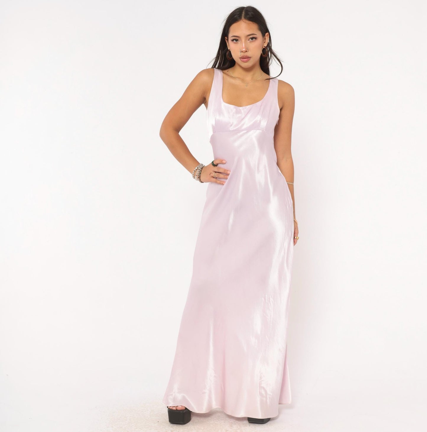 90s Niki Originals Lilac Satin Maxi Gown Sweetheart Neckline Lace-Up Back Medium M