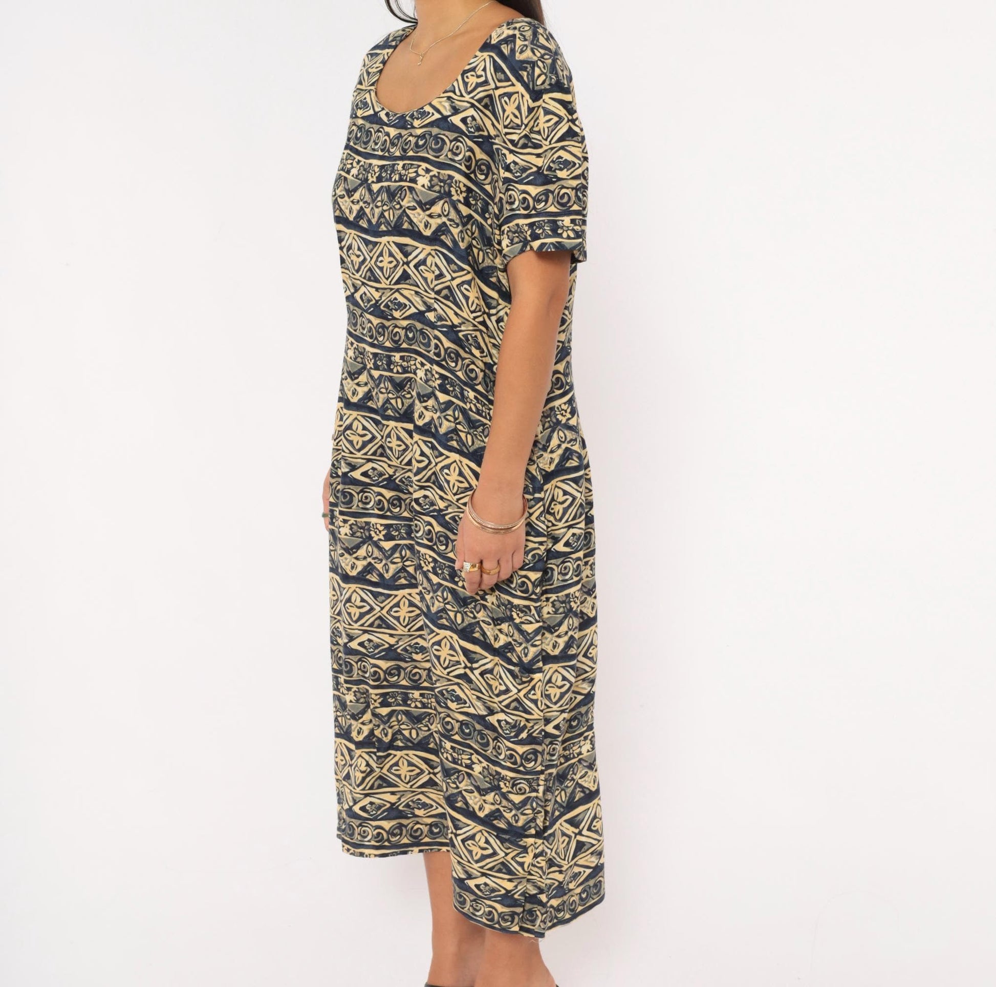 00s Maggy London Tribal Print Midi Dress Navy Cream Geometric Scoop Neck Large L