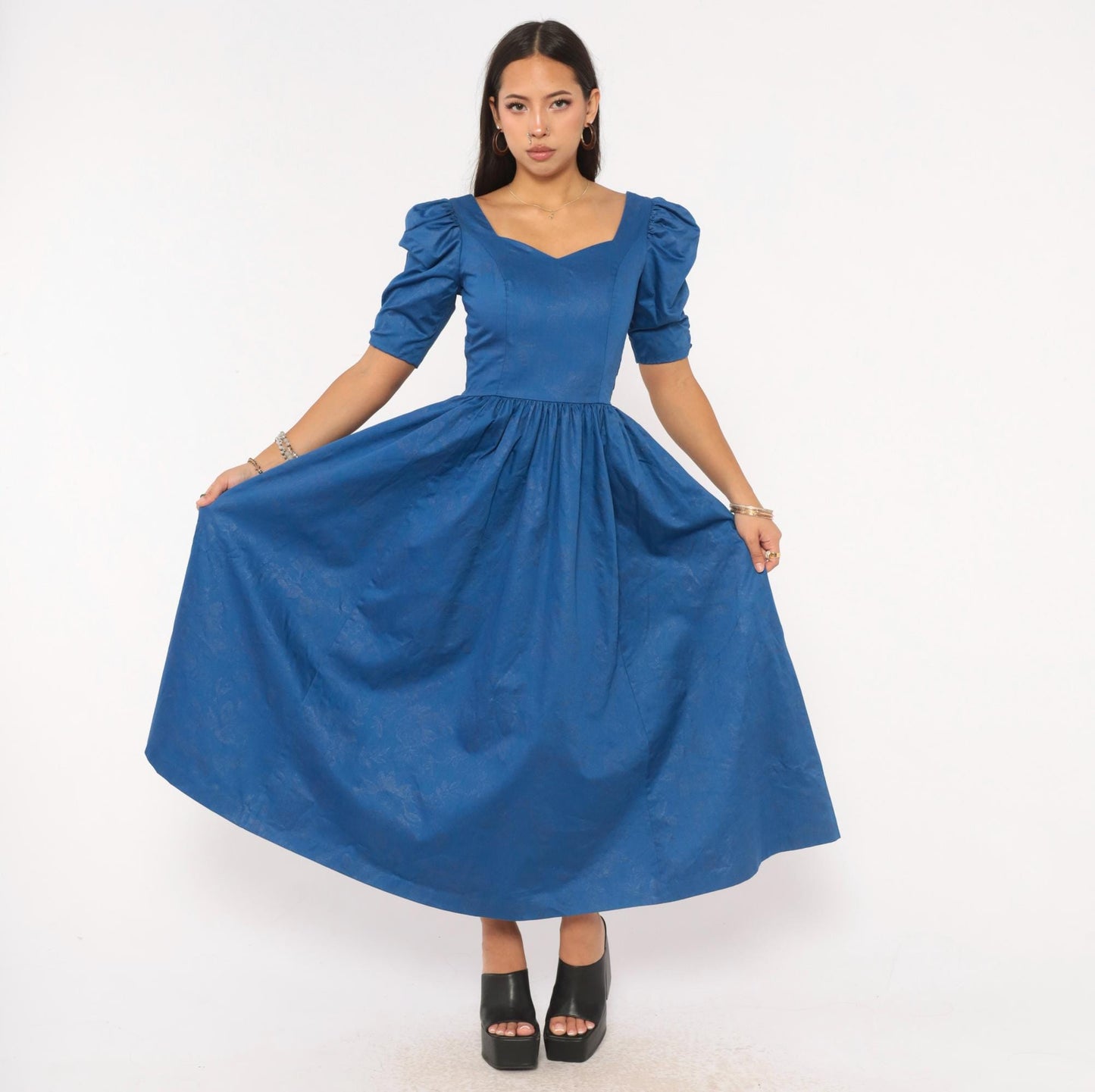 80s Laura Ashley Midi Dress Blue Cotton Puff Sleeve Sweetheart Neckline Extra Small XS