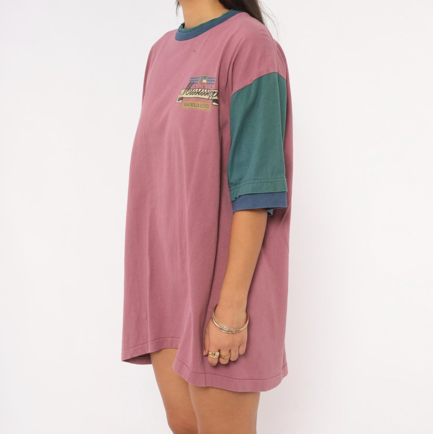 90s Mississippi Magnolia State Color Block Tee Mauve Teal Cotton Extra Large