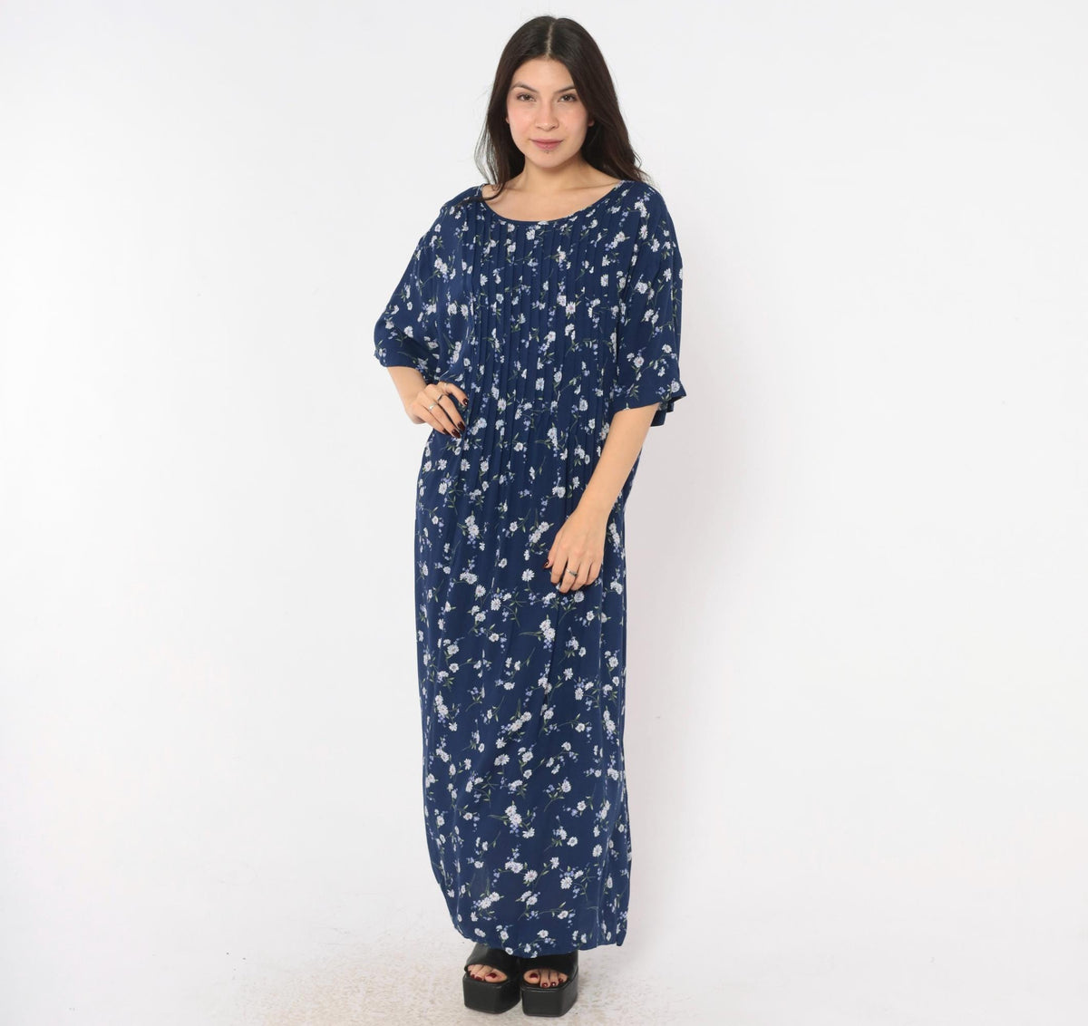 90s Navy Floral Rayon Dress Pintuck Daisy Print Tie Back Ankle Maxi Plus Size 3X