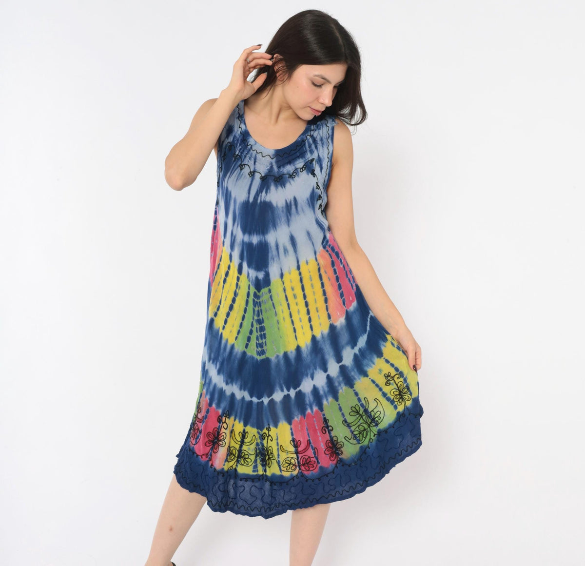 Y2K Tie Dye Sun Dress Blue Rayon Scoop Neck Trapeze Knee Length Small