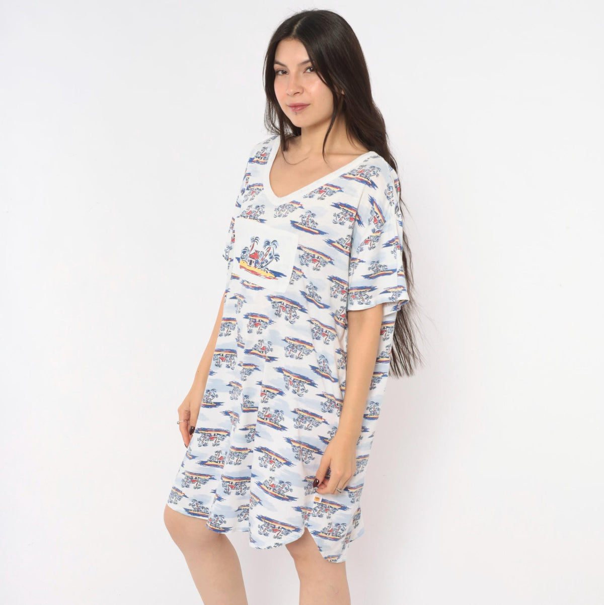 90s Down Under Tropical Palm Tree T-Shirt Dress White Blue Cotton One Size