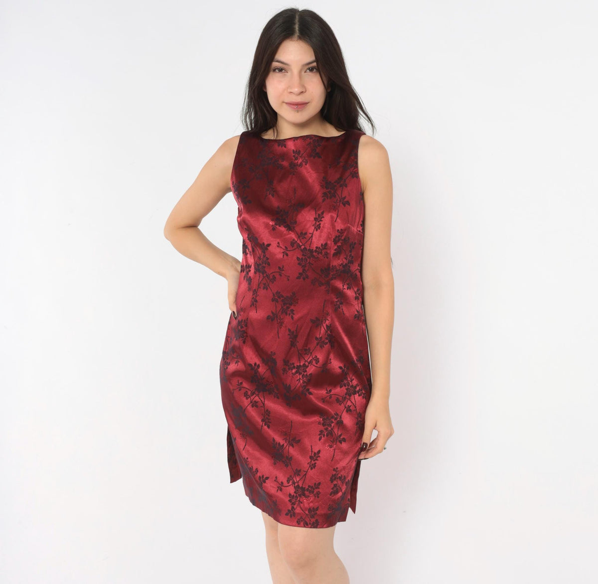 90s Esprit Wine Red Floral Jacquard Sheath Dress Sleeveless Small S