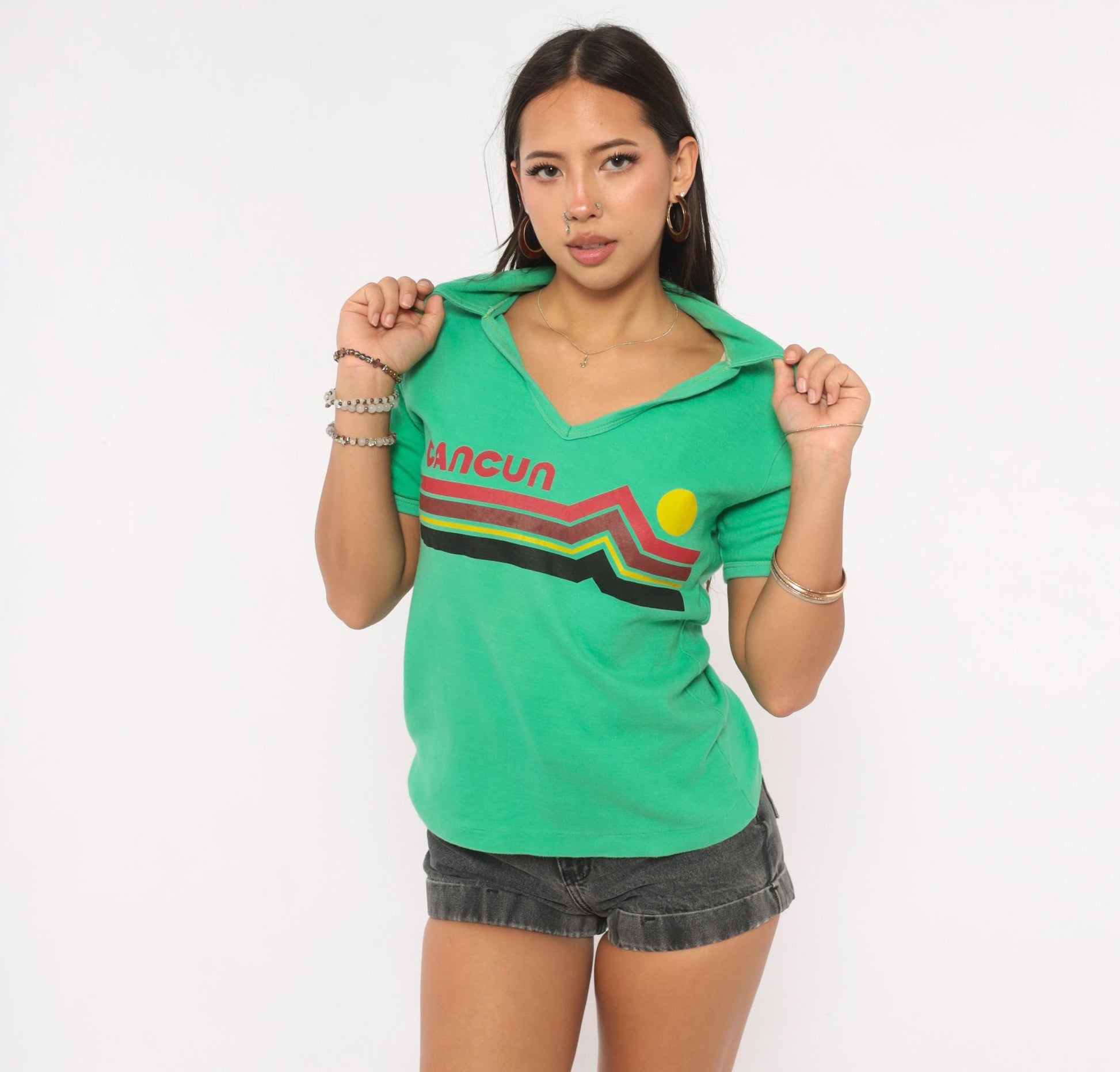 80s Zaky Sport Cancun Sunset Polo Green V-Neck Graphic Shirt Medium