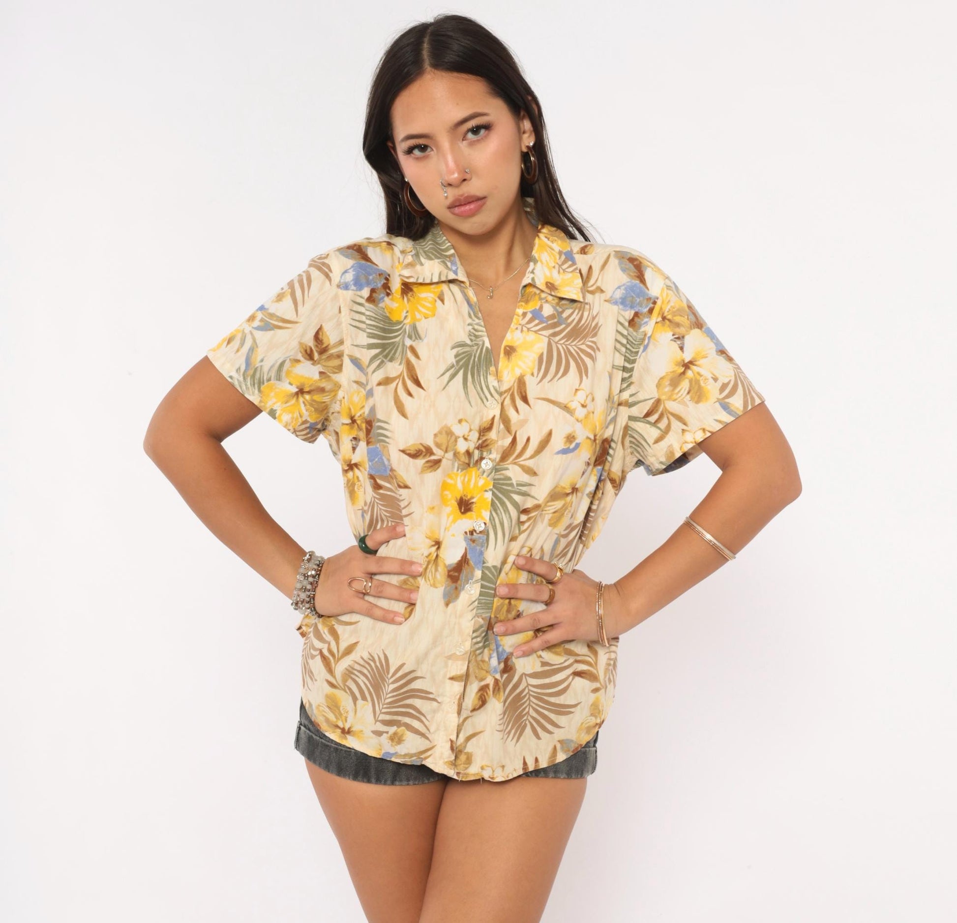 2000s Erika Hawaiian Camp Collar Shirt Cream Floral Yellow Palm Large L