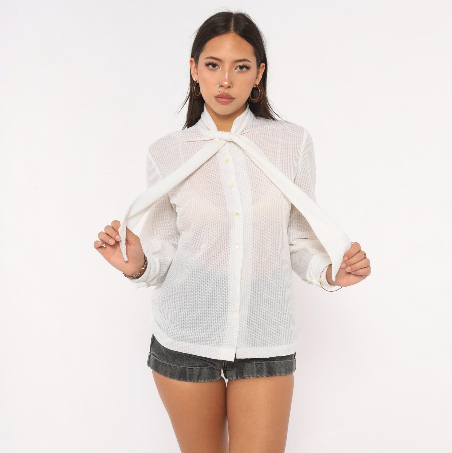 70s White Ascot Bow Blouse Sheer Bishop Sleeve Button Front Medium